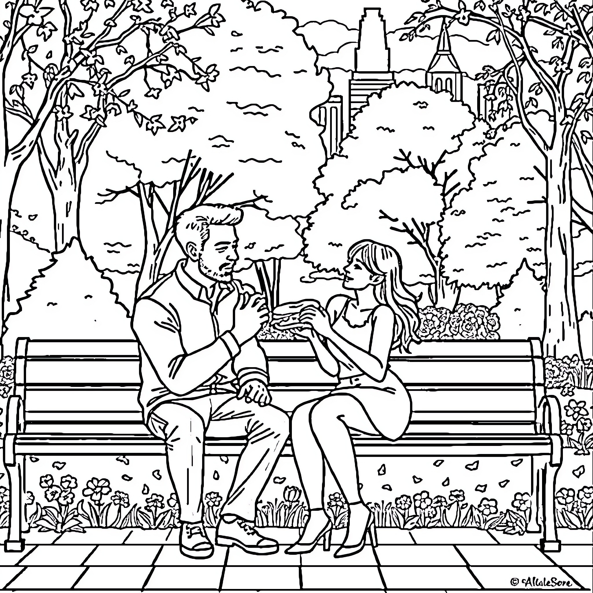 Couple enjoying a romantic moment in the park Coloring Page (free black-and-white line drawing printable PDF for all, from beginners to advanced learners, including children, teens, adults, and seniors)