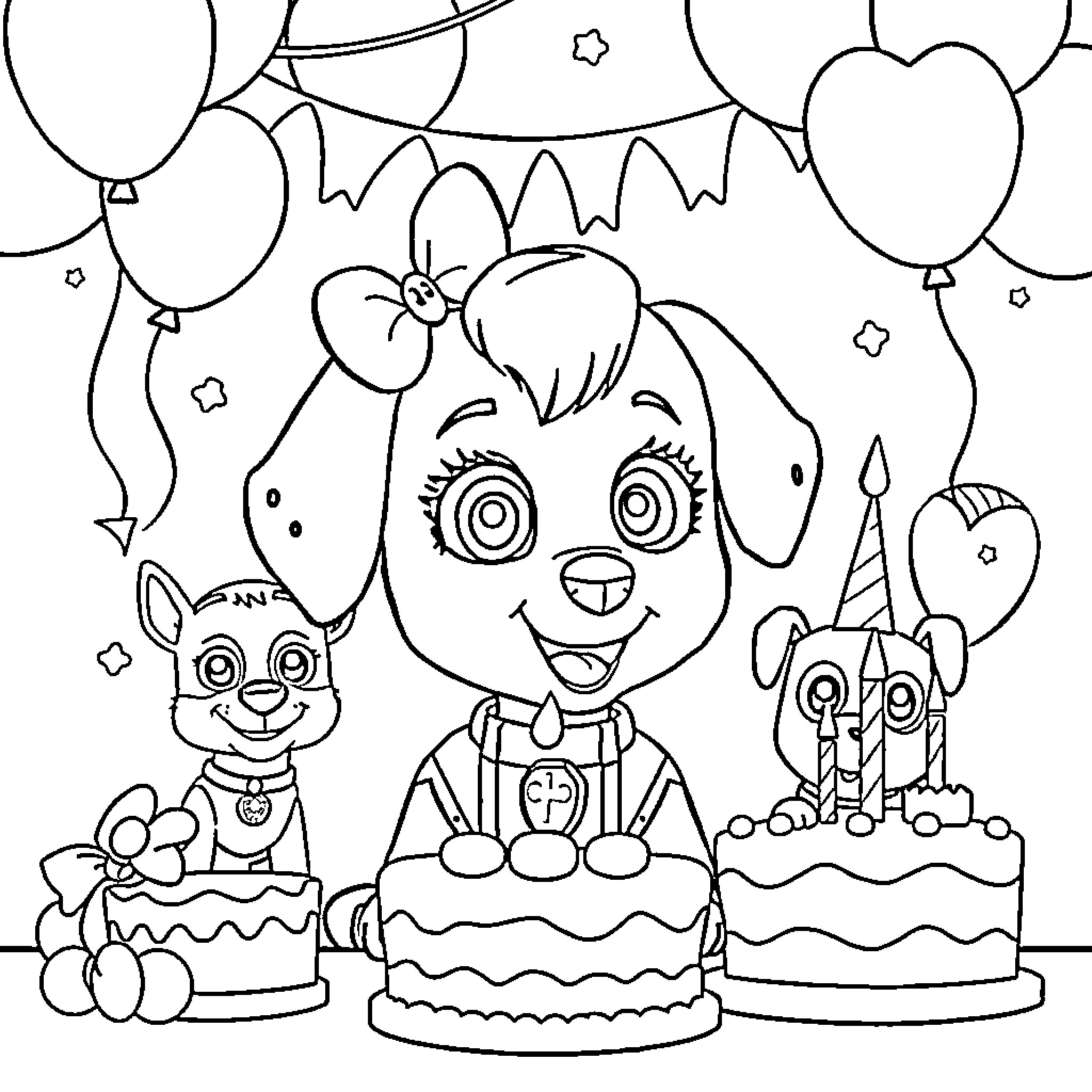 Paw Patrol Puppy's Birthday Celebration Coloring Page (free black-and-white line drawing printable PDF for all, from beginners to advanced learners, including children, teens, adults, and seniors)