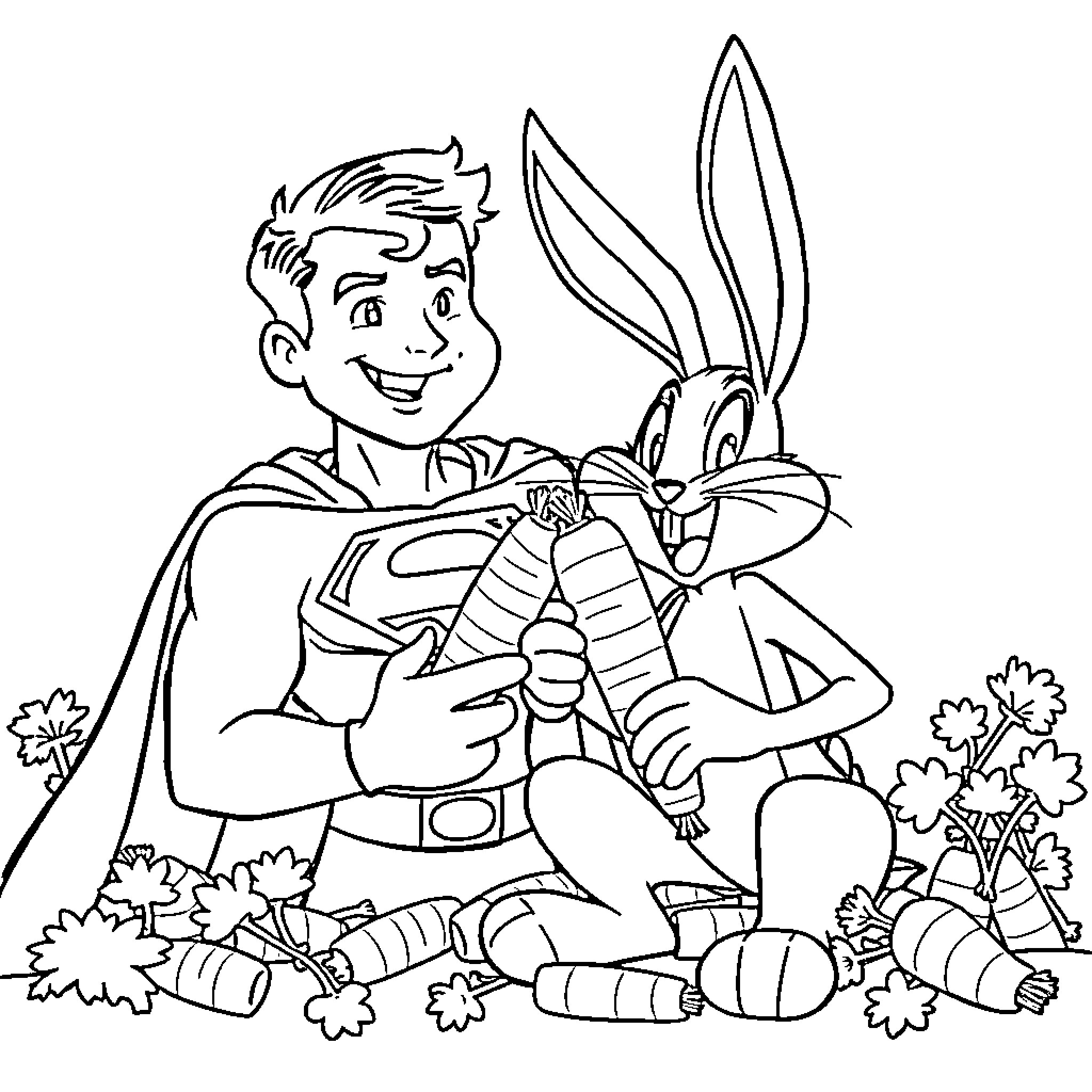 Superman interacting happily with cartoon rabbit Coloring Page (free black-and-white line drawing printable PDF for all, from beginners to advanced learners, including children, teens, adults, and seniors)