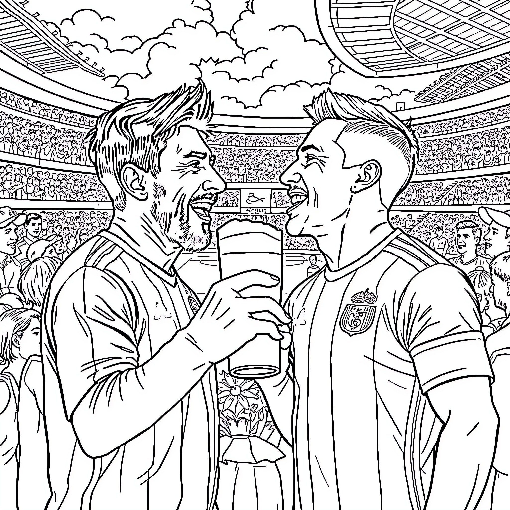 Messi Celebrating Victory with Spain Player Coloring Page (free black-and-white line drawing printable PDF for all, from beginners to advanced learners, including children, teens, adults, and seniors)