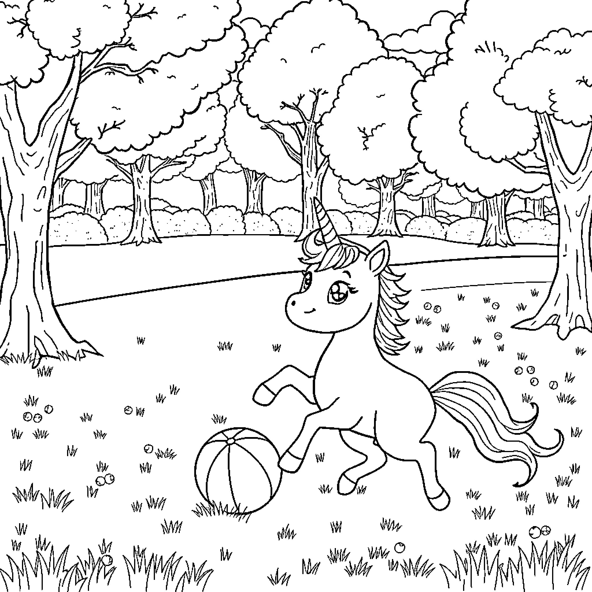 Unicorn frolicking happily in enchanted forest Coloring Page (free black-and-white line drawing printable PDF for all, from beginners to advanced learners, including children, teens, adults, and seniors)