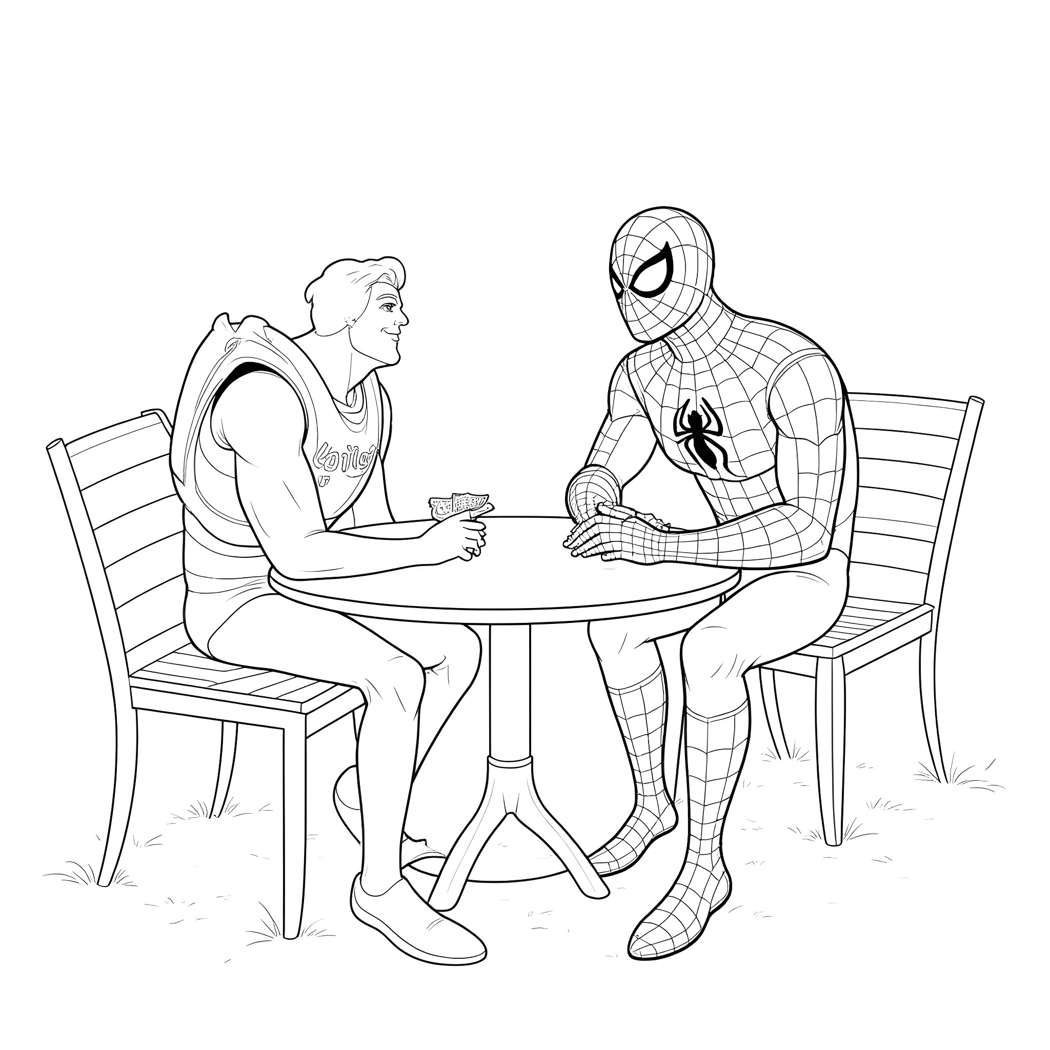 Spiderman meeting with a friend for a conversation Coloring Page (free black-and-white line drawing printable PDF for all, from beginners to advanced learners, including children, teens, adults, and seniors)
