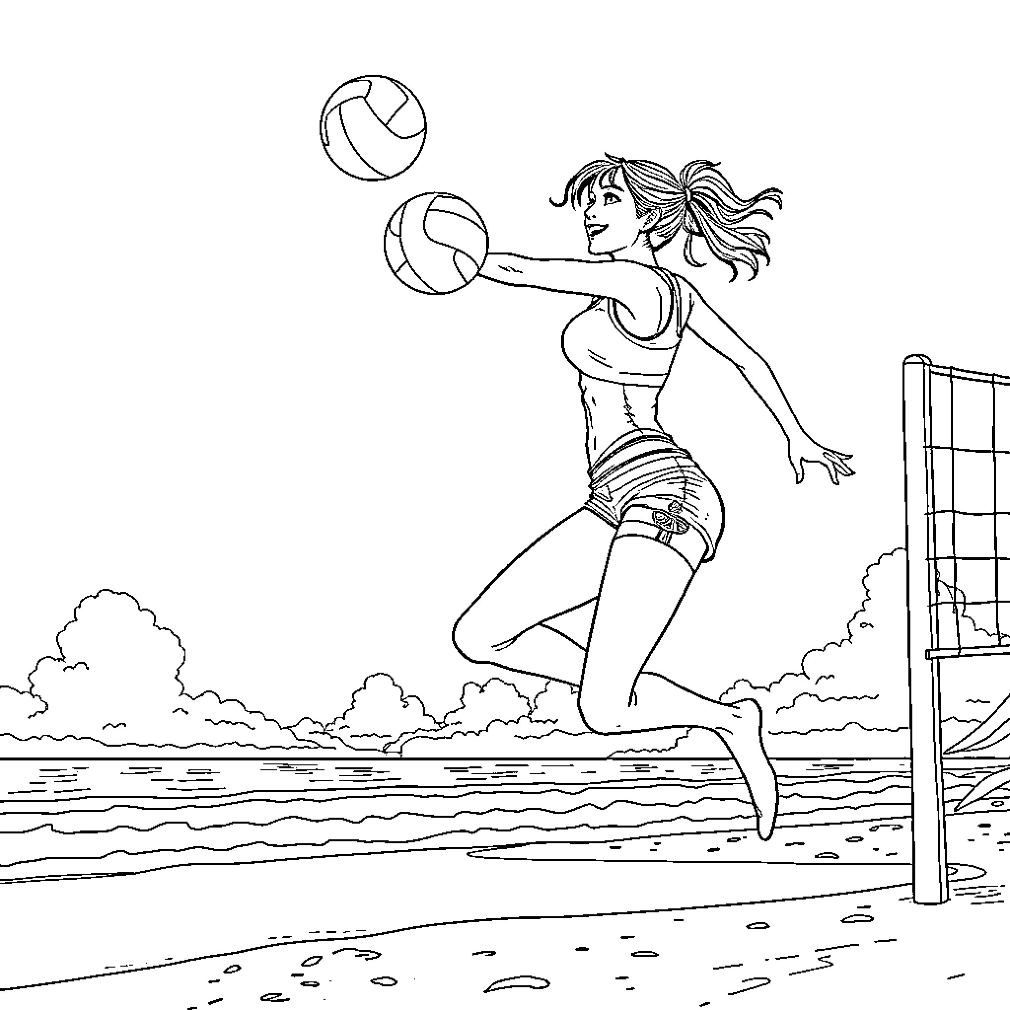 Lara Croft Playing Beach Volleyball Coloring Page (free black-and-white line drawing printable PDF for all, from beginners to advanced learners, including children, teens, adults, and seniors)