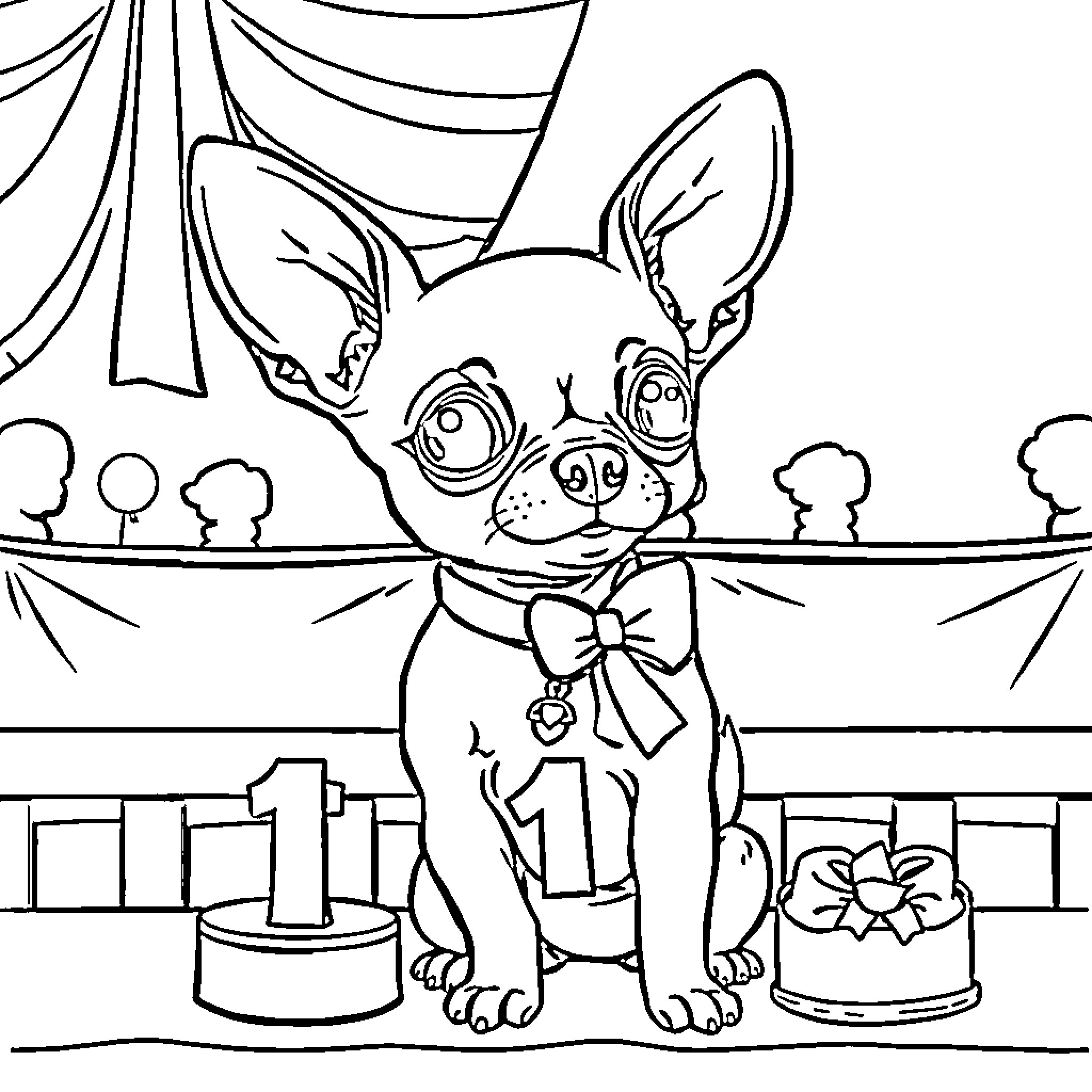 Chihuahua dressed for a party with a cake Coloring Page (free black-and-white line drawing printable PDF for all, from beginners to advanced learners, including children, teens, adults, and seniors)