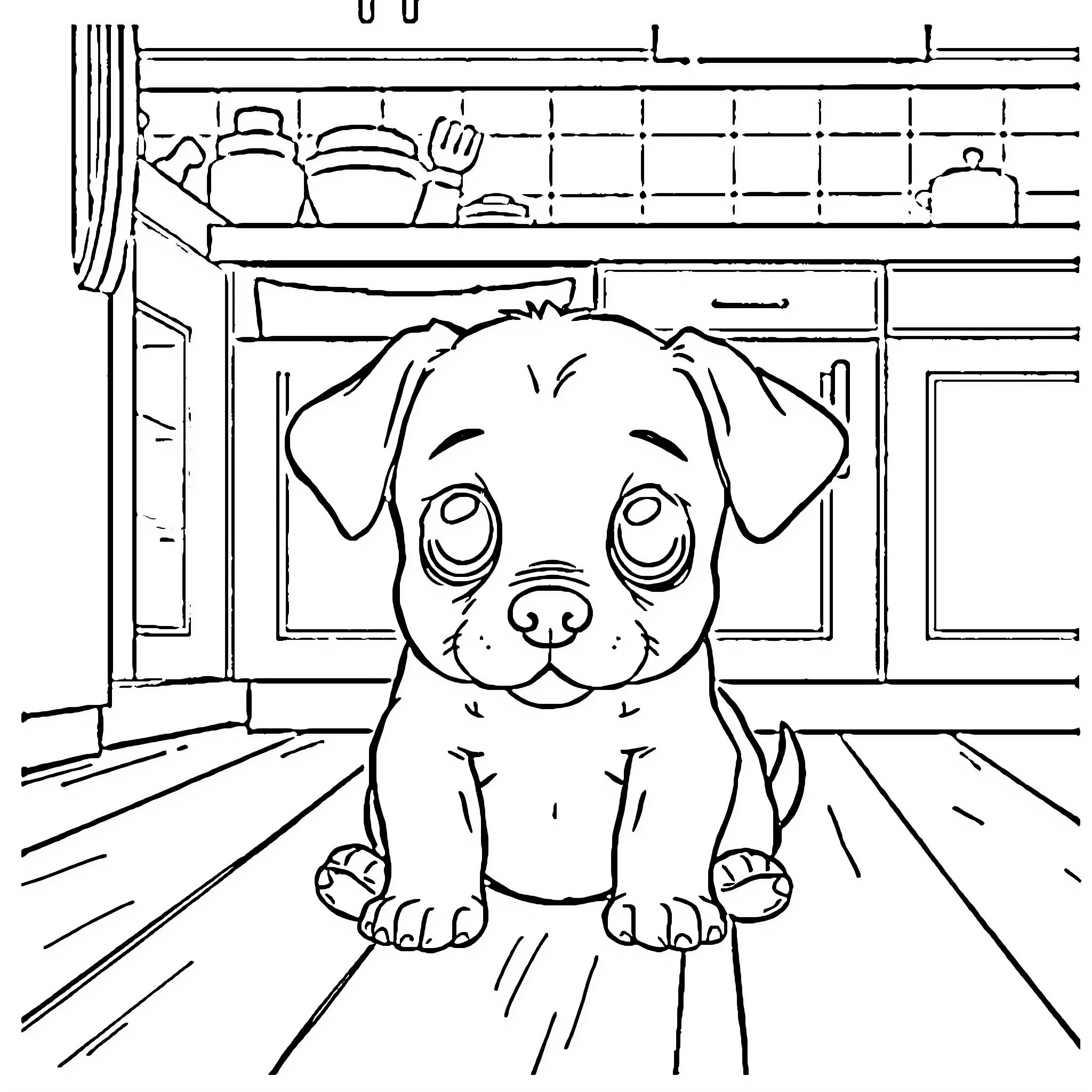 Dog in the kitchen looking cute Coloring Page (free black-and-white line drawing printable PDF for all, from beginners to advanced learners, including children, teens, adults, and seniors)