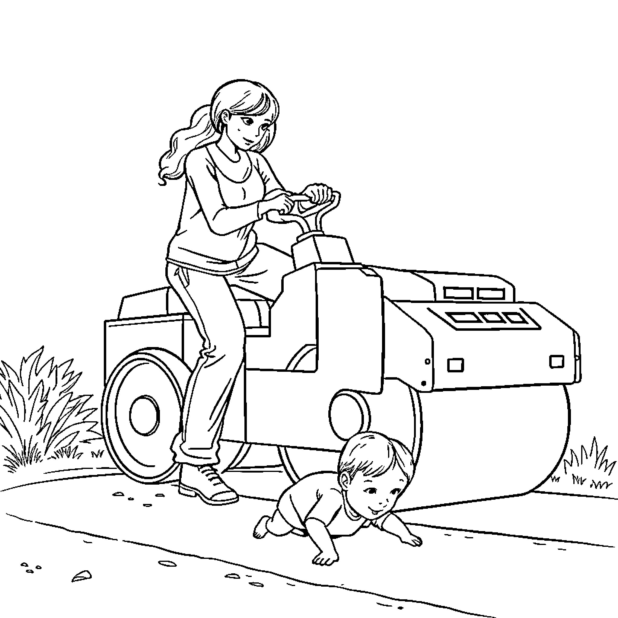 Mother playing with child in the garden Coloring Page (free black-and-white line drawing printable PDF for all, from beginners to advanced learners, including children, teens, adults, and seniors)