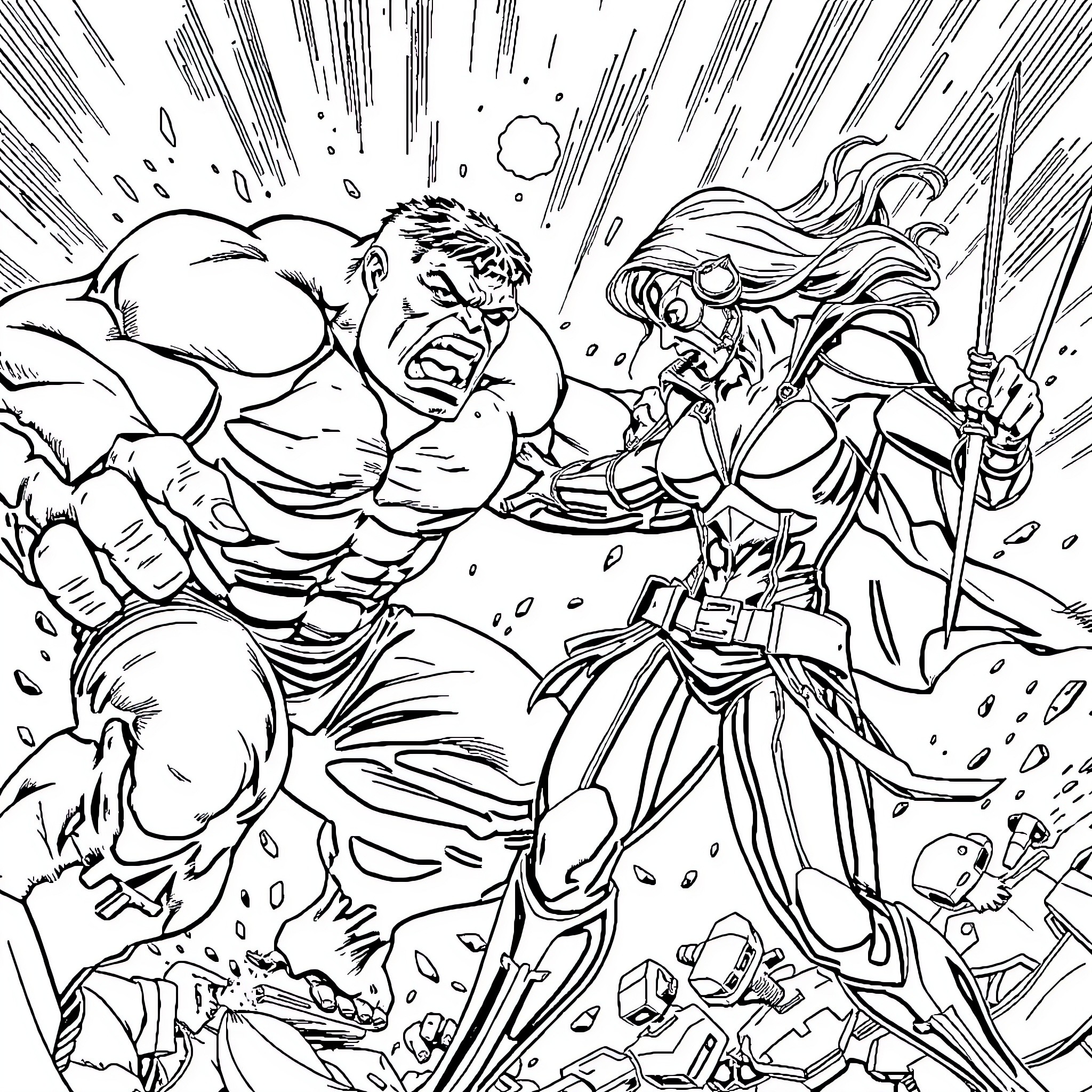 Hulk battling a powerful warrior in an intense confrontation Coloring Page (free black-and-white line drawing printable PDF for all, from beginners to advanced learners, including children, teens, adults, and seniors)