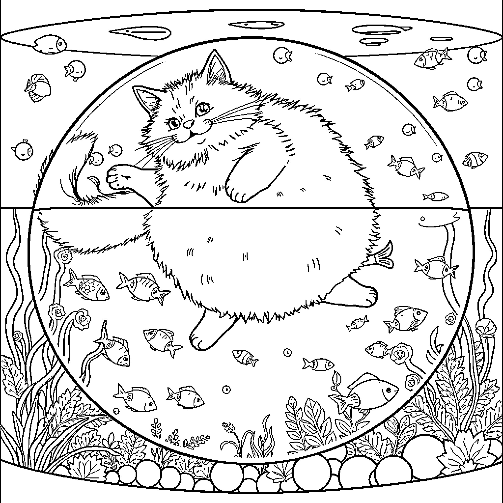 Cat in underwater aquarium scene Coloring Page (free black-and-white line drawing printable PDF for all, from beginners to advanced learners, including children, teens, adults, and seniors)