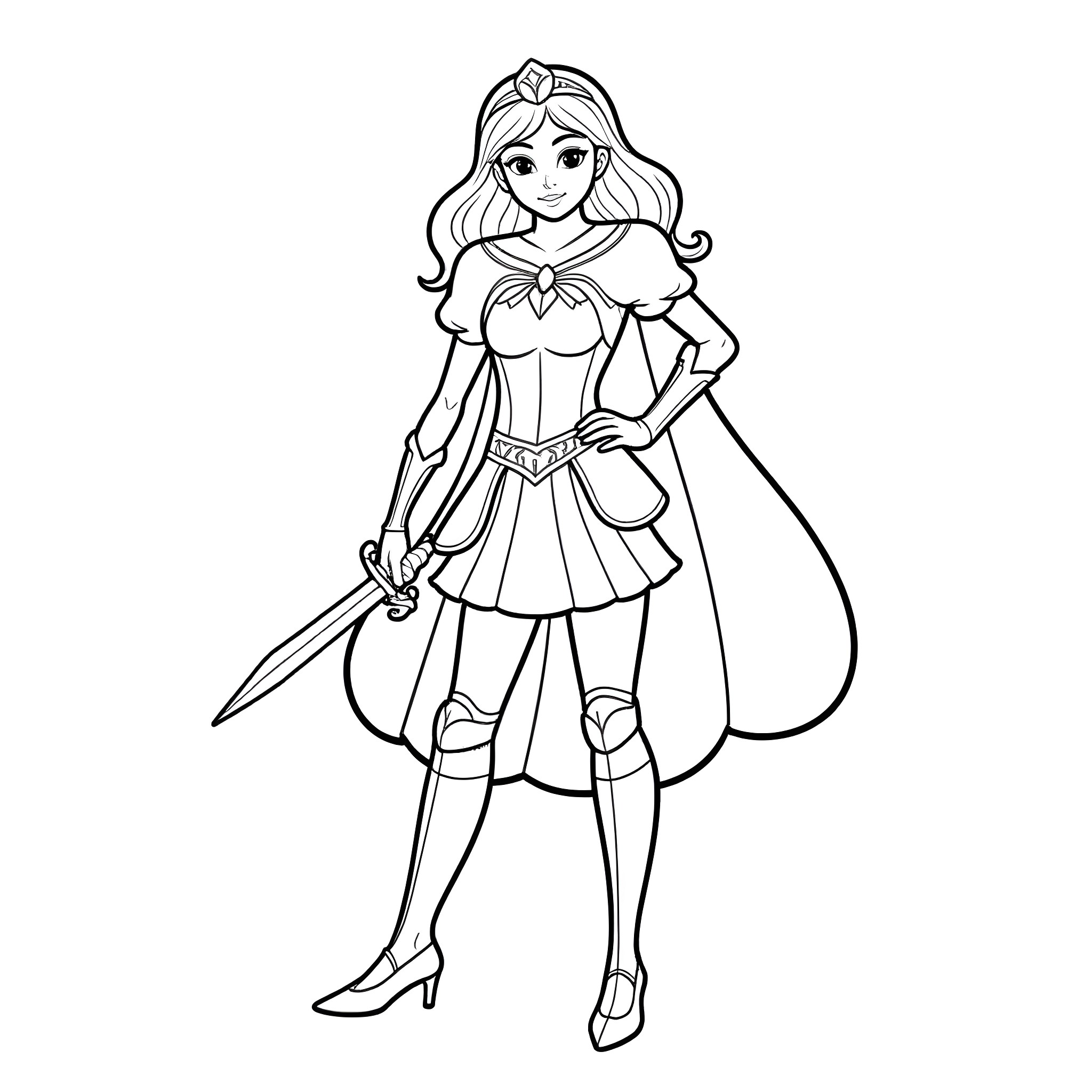 Princess in Warrior Attire Holding a Sword Coloring Page (free black-and-white line drawing printable PDF for all, from beginners to advanced learners, including children, teens, adults, and seniors)