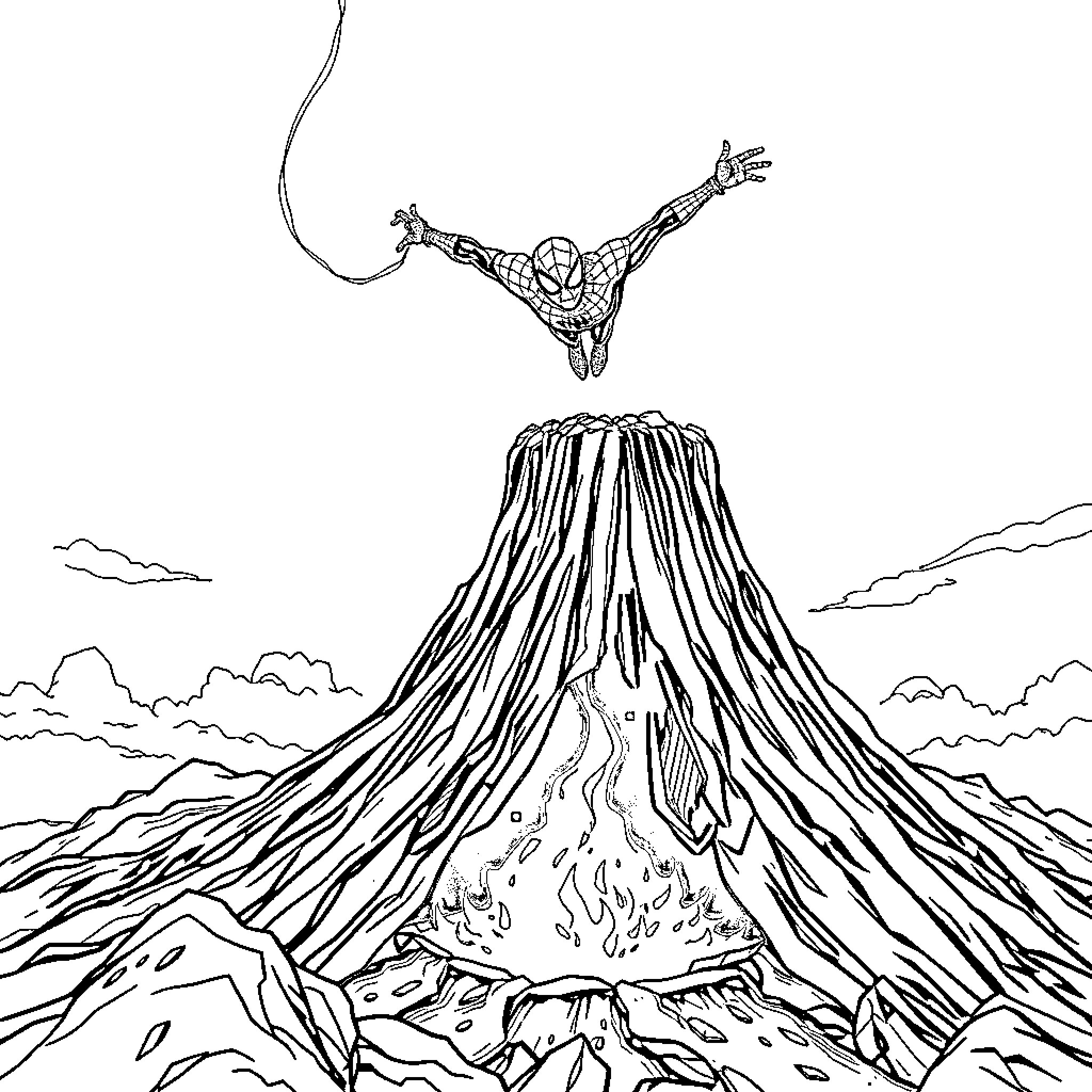Spiderman's heroic leap over a towering volcano Coloring Page (free black-and-white line drawing printable PDF for all, from beginners to advanced learners, including children, teens, adults, and seniors)