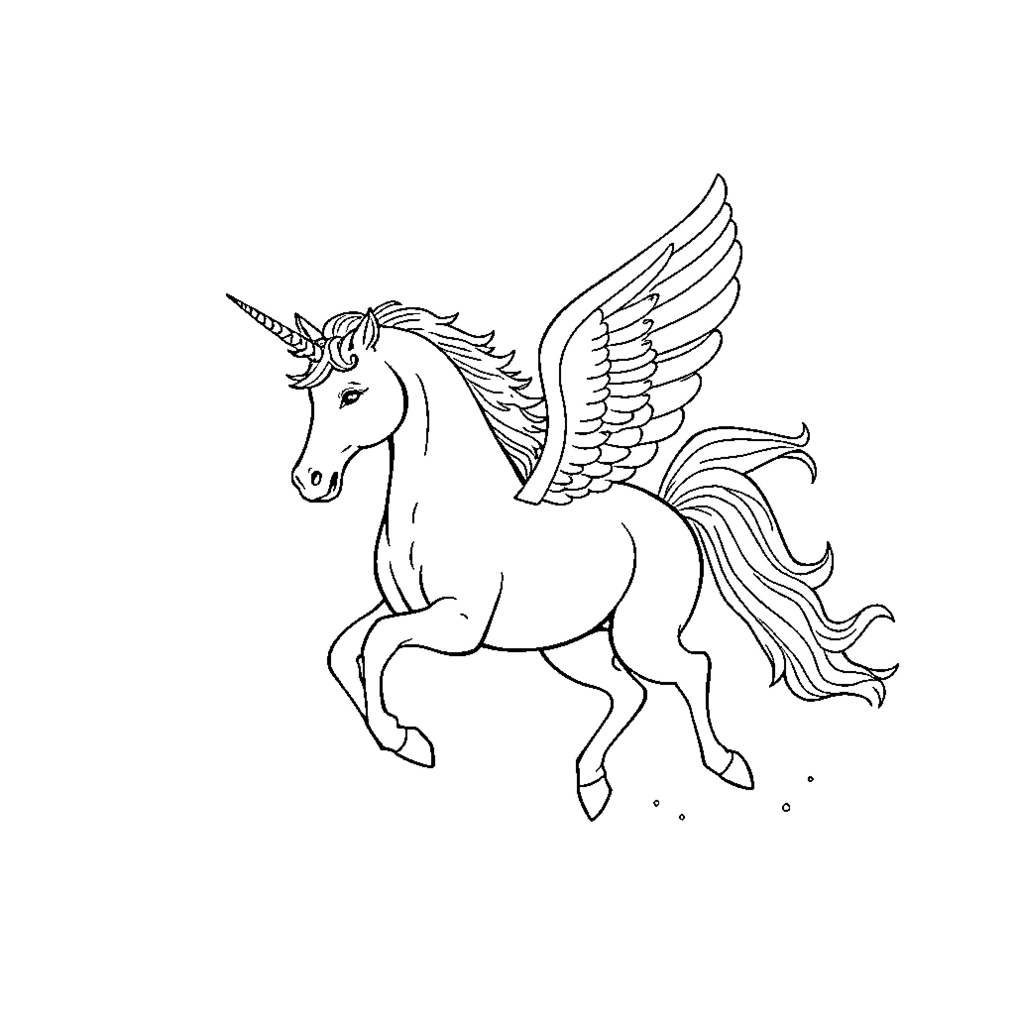 Unicorn with wings soaring gracefully Coloring Page (free black-and-white line drawing printable PDF for all, from beginners to advanced learners, including children, teens, adults, and seniors)
