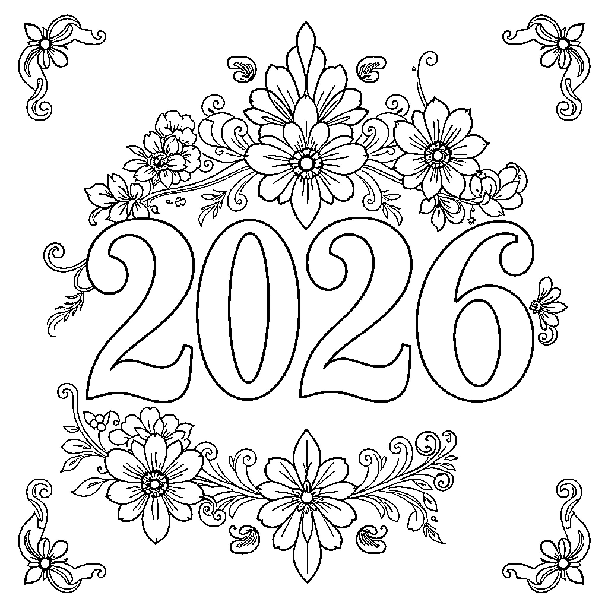 Number 2026 with Floral Decorations Coloring Page (free black-and-white line drawing printable PDF for all, from beginners to advanced learners, including children, teens, adults, and seniors)