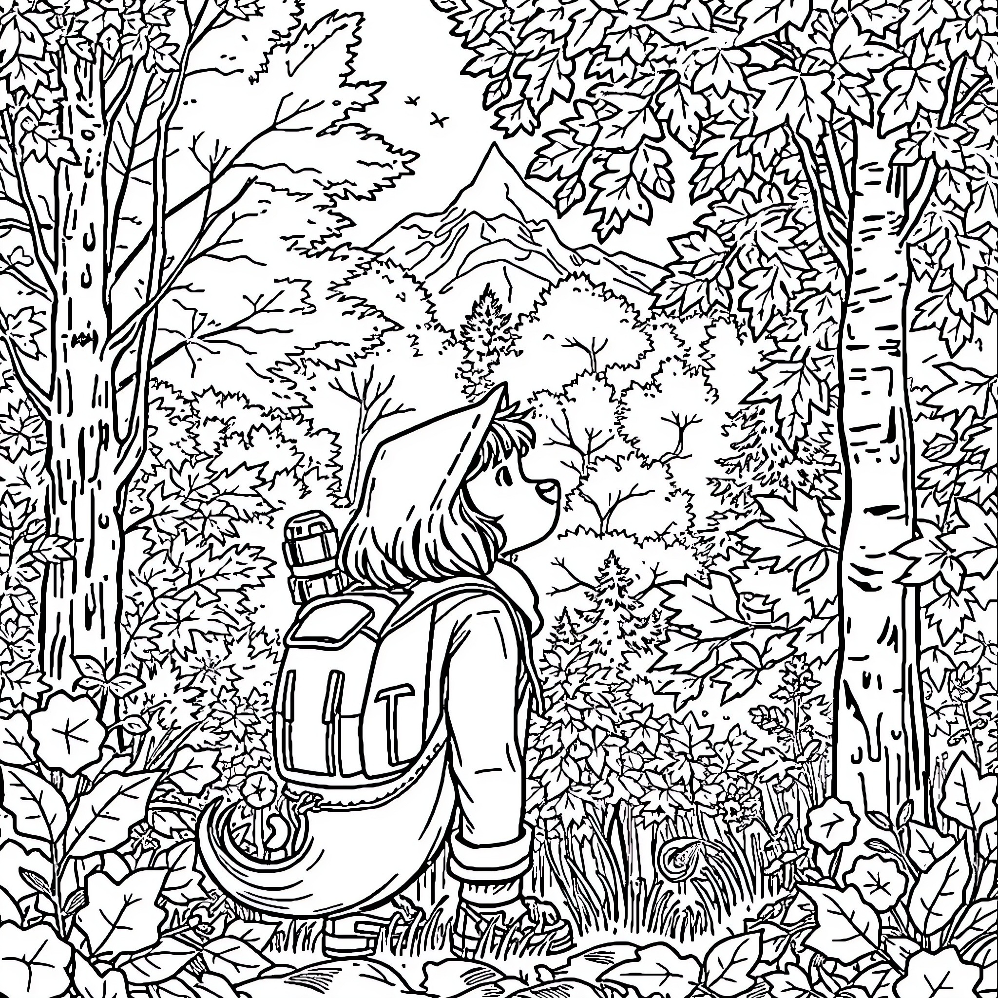 Sadie's Serene Forest Adventure Coloring Page (free black-and-white line drawing printable PDF for all, from beginners to advanced learners, including children, teens, adults, and seniors)