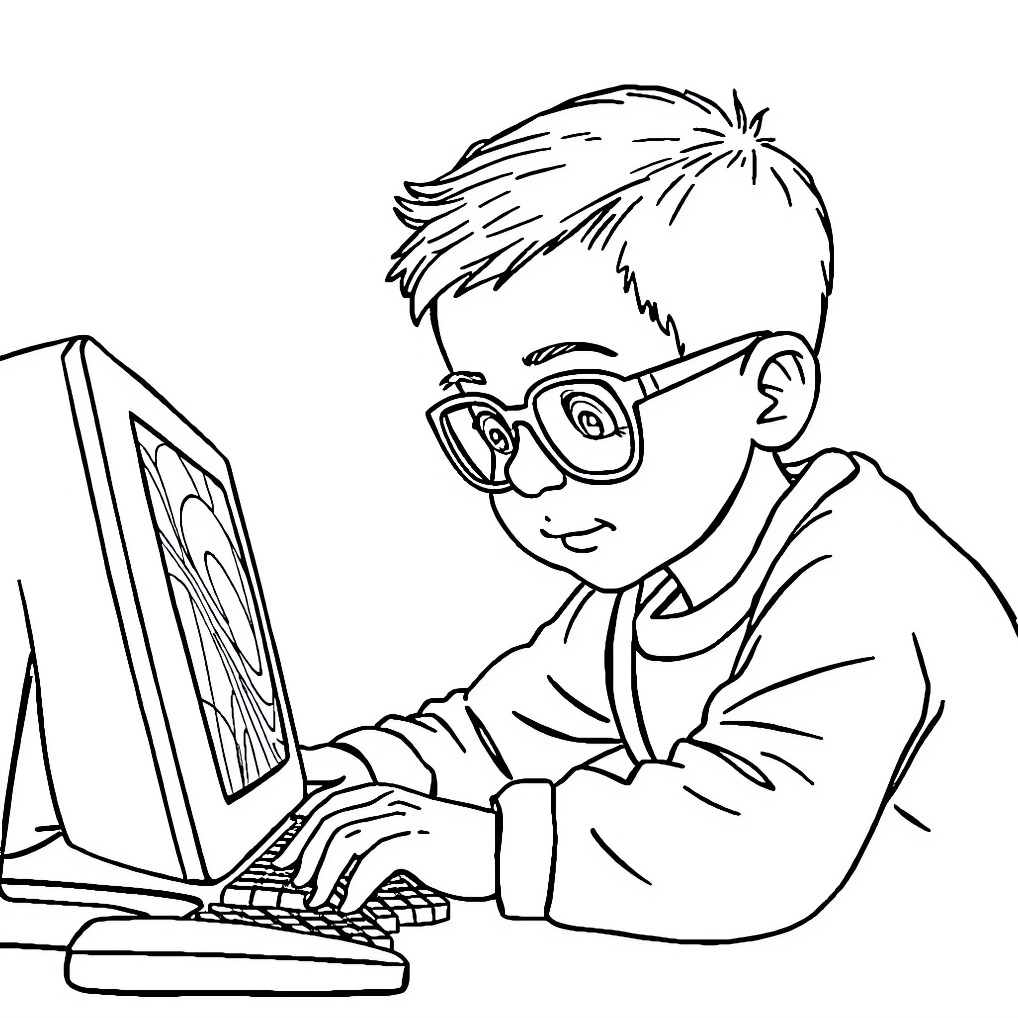 Boy using a computer and smiling Coloring Page (free black-and-white line drawing printable PDF for all, from beginners to advanced learners, including children, teens, adults, and seniors)