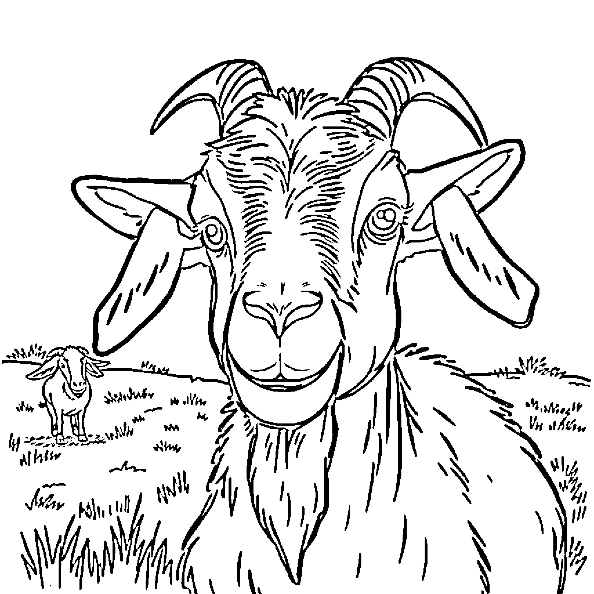 Goat with expressive features in a grassy field Coloring Page (free black-and-white line drawing printable PDF for all, from beginners to advanced learners, including children, teens, adults, and seniors)