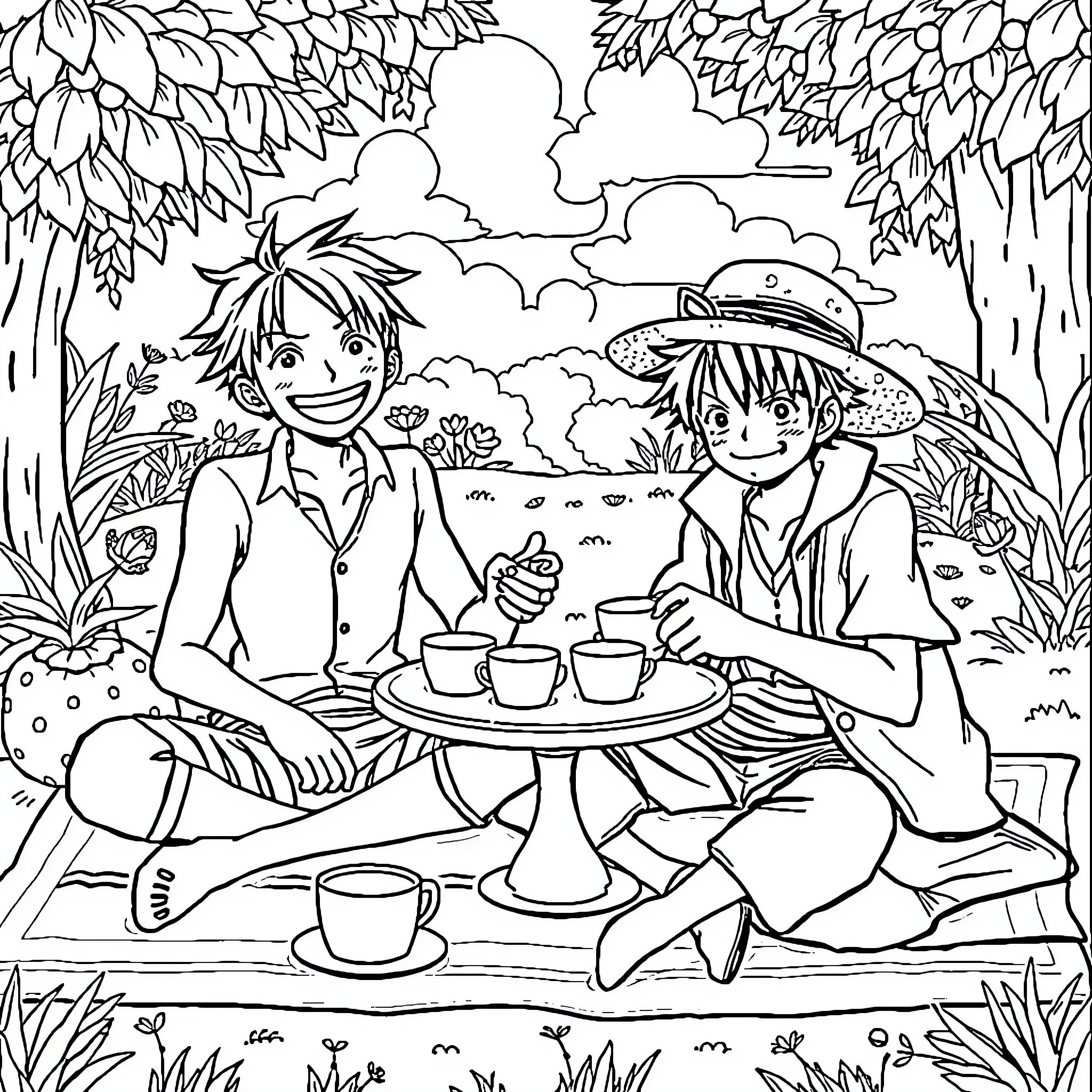 Luffy and Chopper Sharing a Picnic in the Forest Coloring Page (free black-and-white line drawing printable PDF for all, from beginners to advanced learners, including children, teens, adults, and seniors)