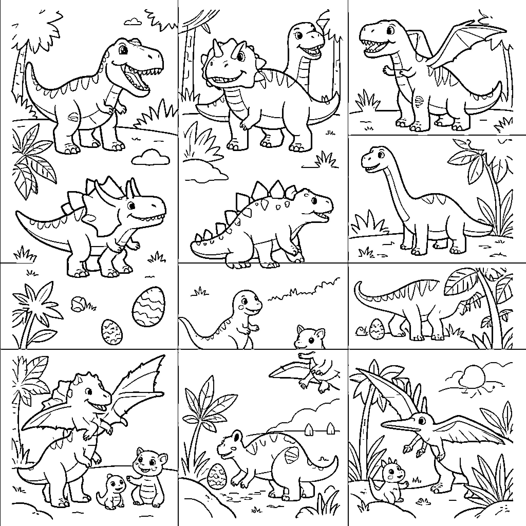 Dinosaur characters interacting in various prehistoric scenes Coloring Page (free black-and-white line drawing printable PDF for all, from beginners to advanced learners, including children, teens, adults, and seniors)