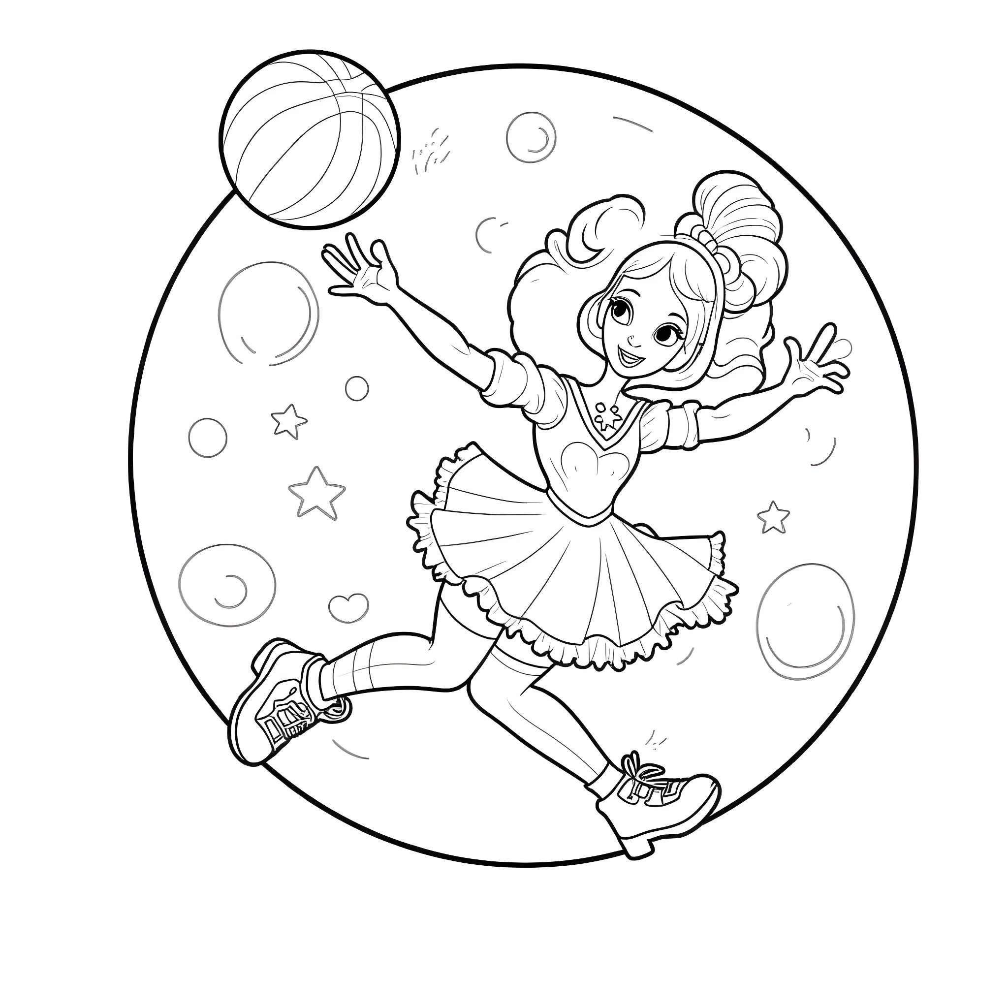Princess Tiana joyfully playing with bubbles and stars Coloring Page (free black-and-white line drawing printable PDF for all, from beginners to advanced learners, including children, teens, adults, and seniors)