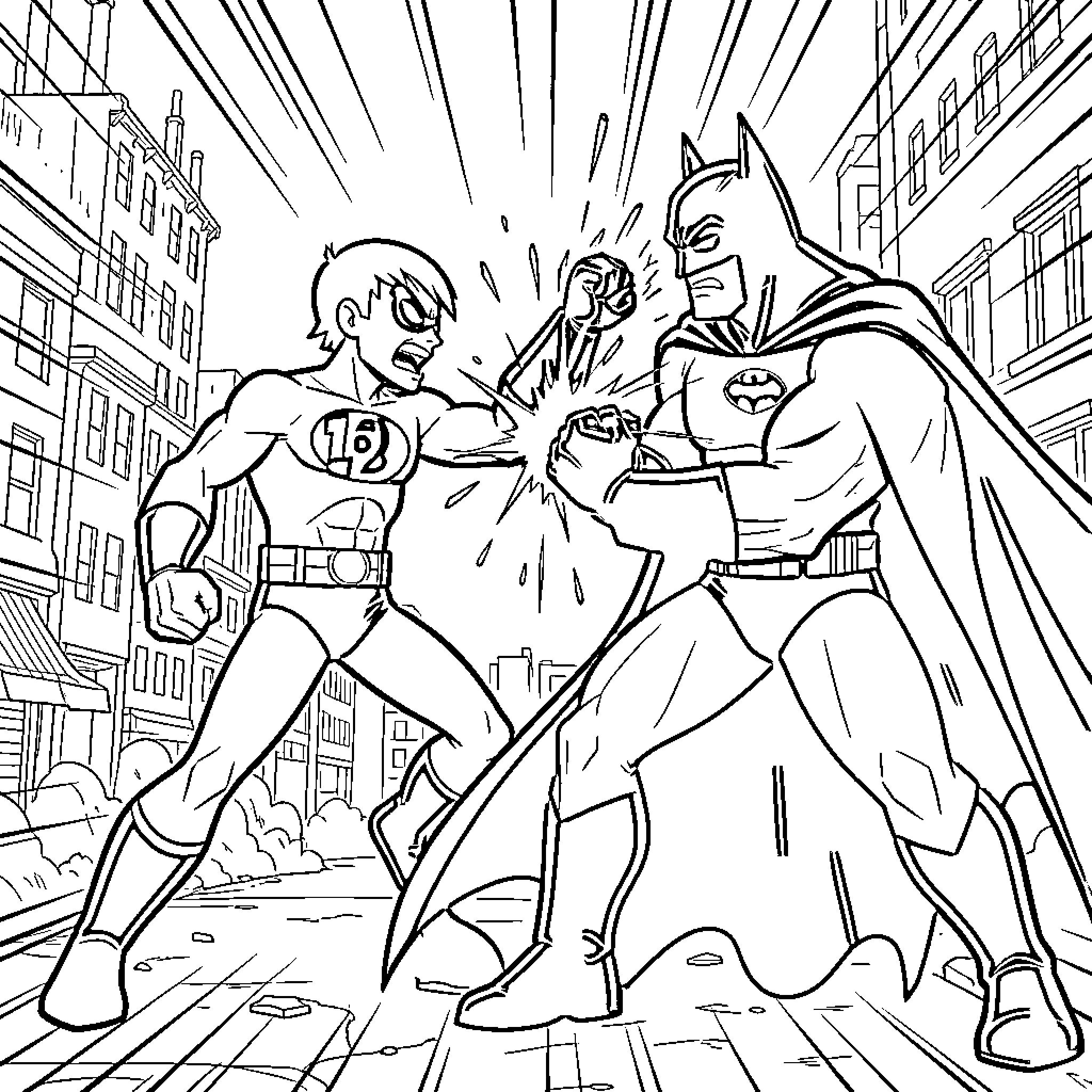 Ben 10 style superheroes fighting in a city street Coloring Page (free black-and-white line drawing printable PDF for all, from beginners to advanced learners, including children, teens, adults, and seniors)