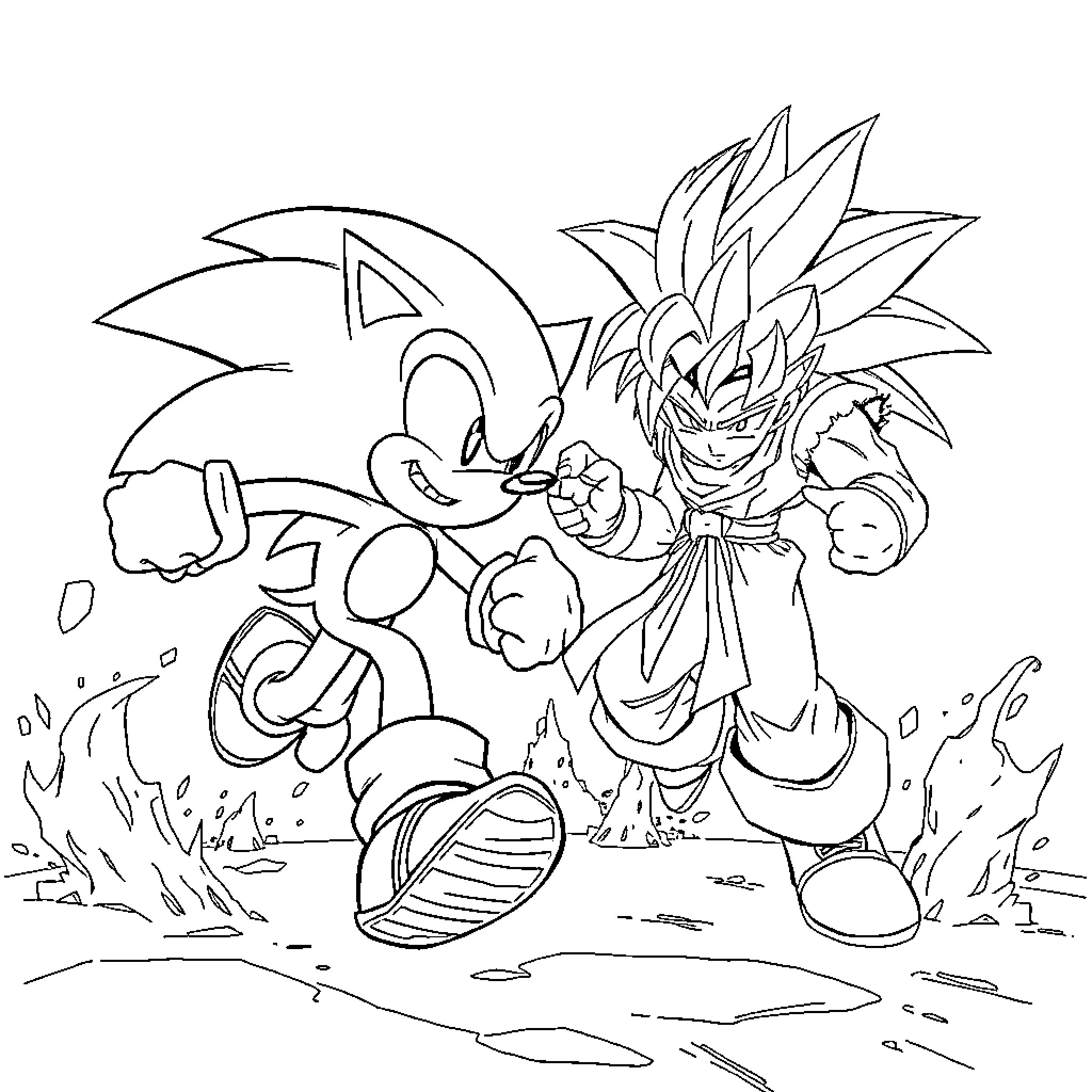 Sonic's Energetic Adventure with a Mighty Warrior Coloring Page (free black-and-white line drawing printable PDF for all, from beginners to advanced learners, including children, teens, adults, and seniors)