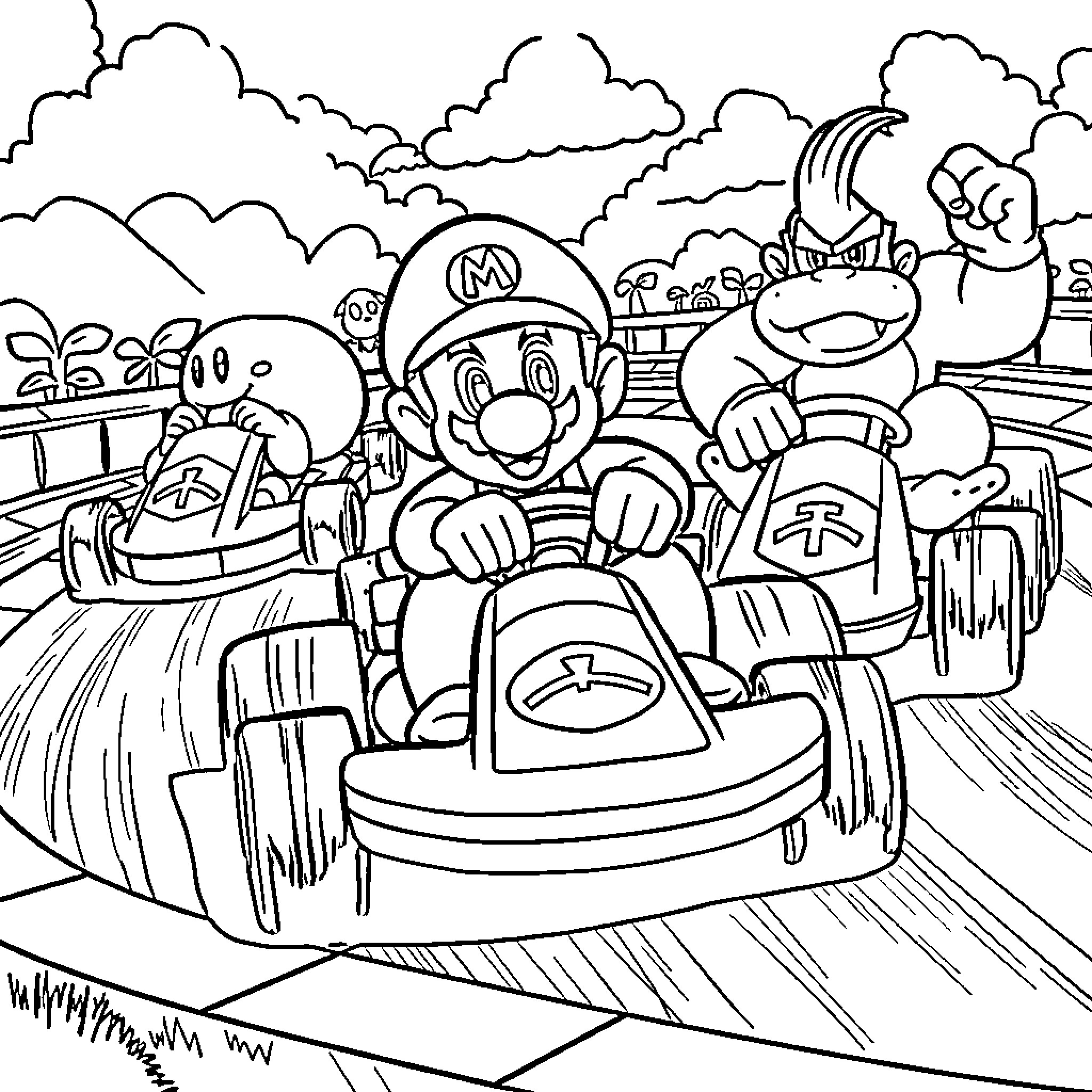 Mario racing with friends through a colorful landscape Coloring Page (free black-and-white line drawing printable PDF for all, from beginners to advanced learners, including children, teens, adults, and seniors)