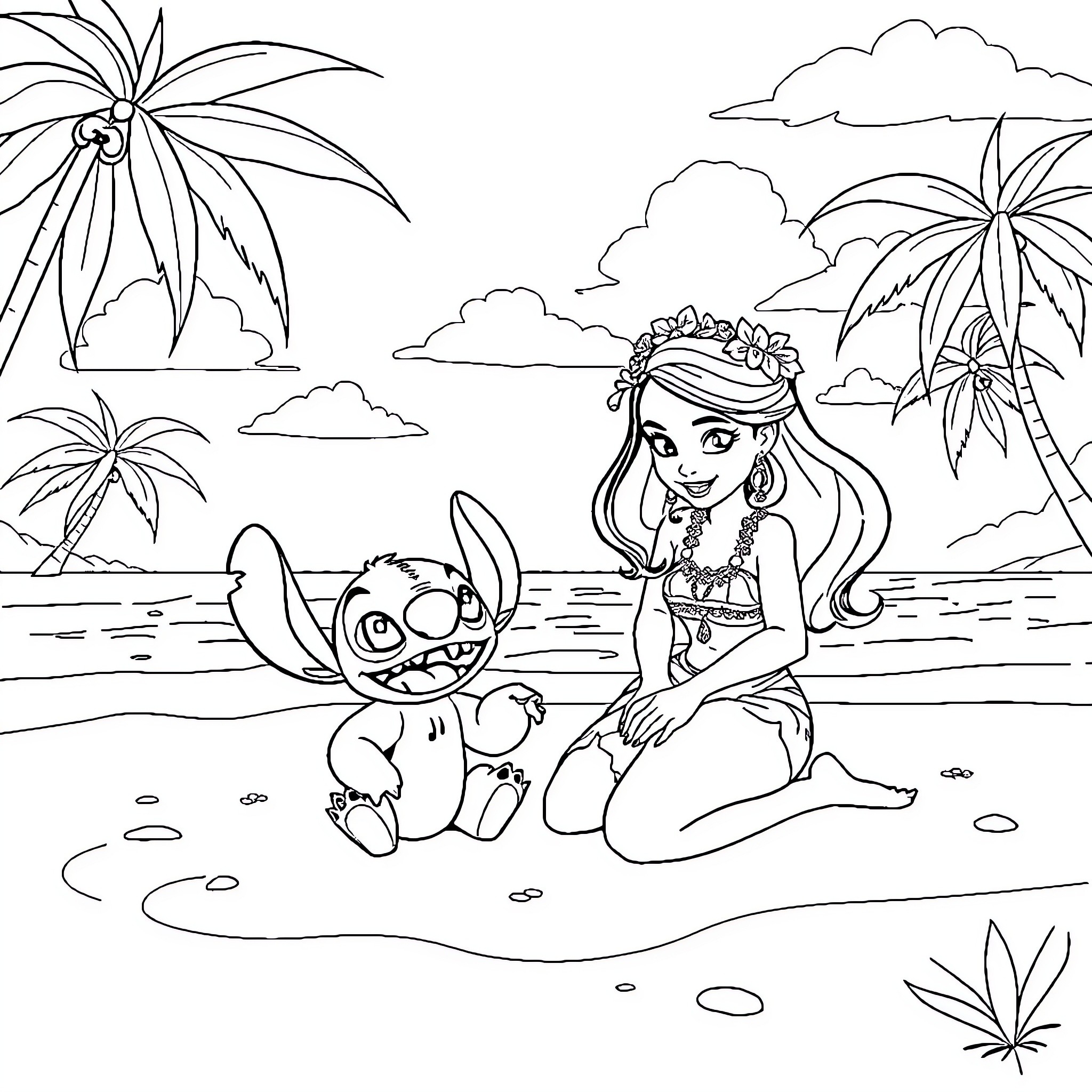 Vaiana and Stitch playing on the beach Coloring Page (free black-and-white line drawing printable PDF for all, from beginners to advanced learners, including children, teens, adults, and seniors)