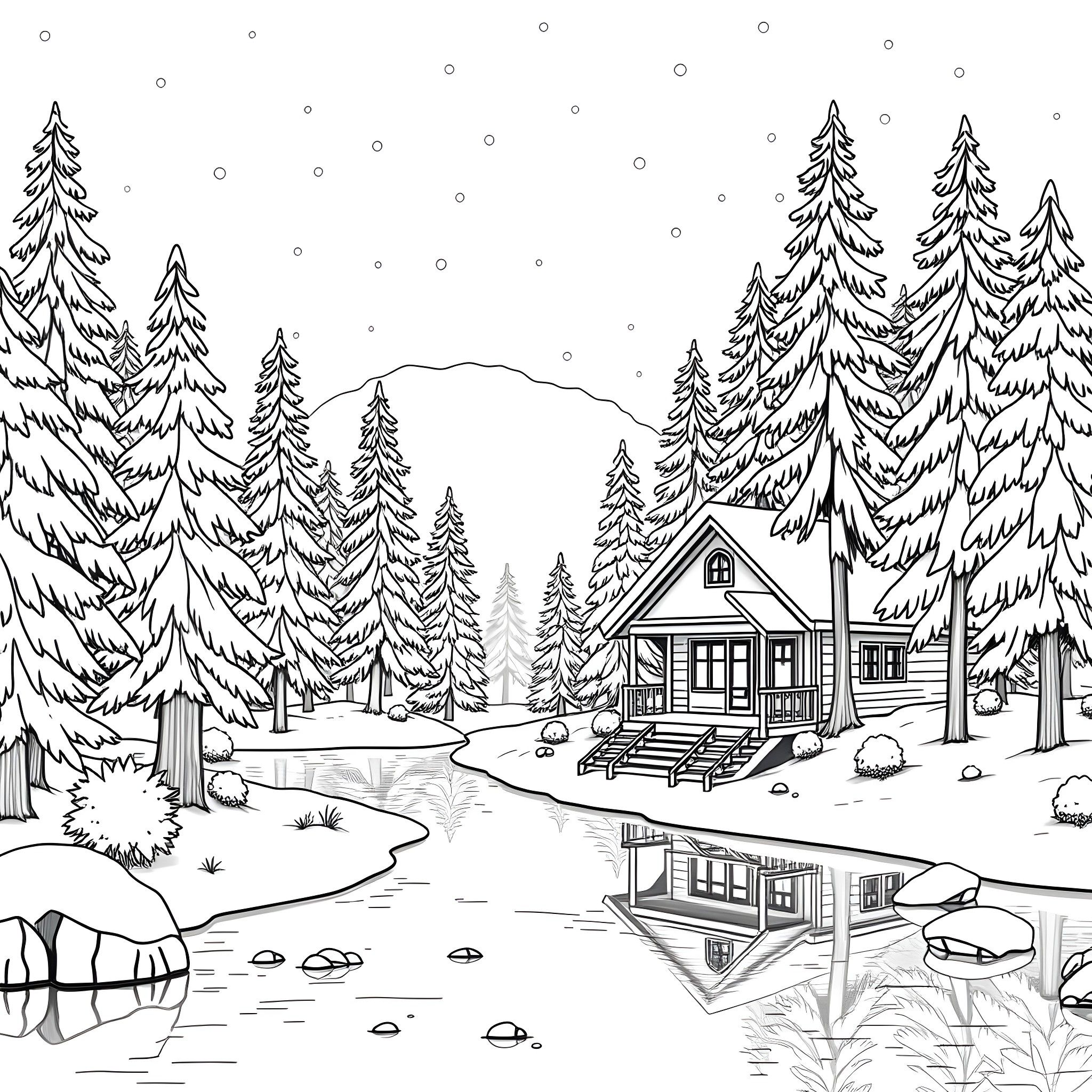 Lake and Winter Cabin in Snowy Forest Coloring Page (free black-and-white line drawing printable PDF for all, from beginners to advanced learners, including children, teens, adults, and seniors)