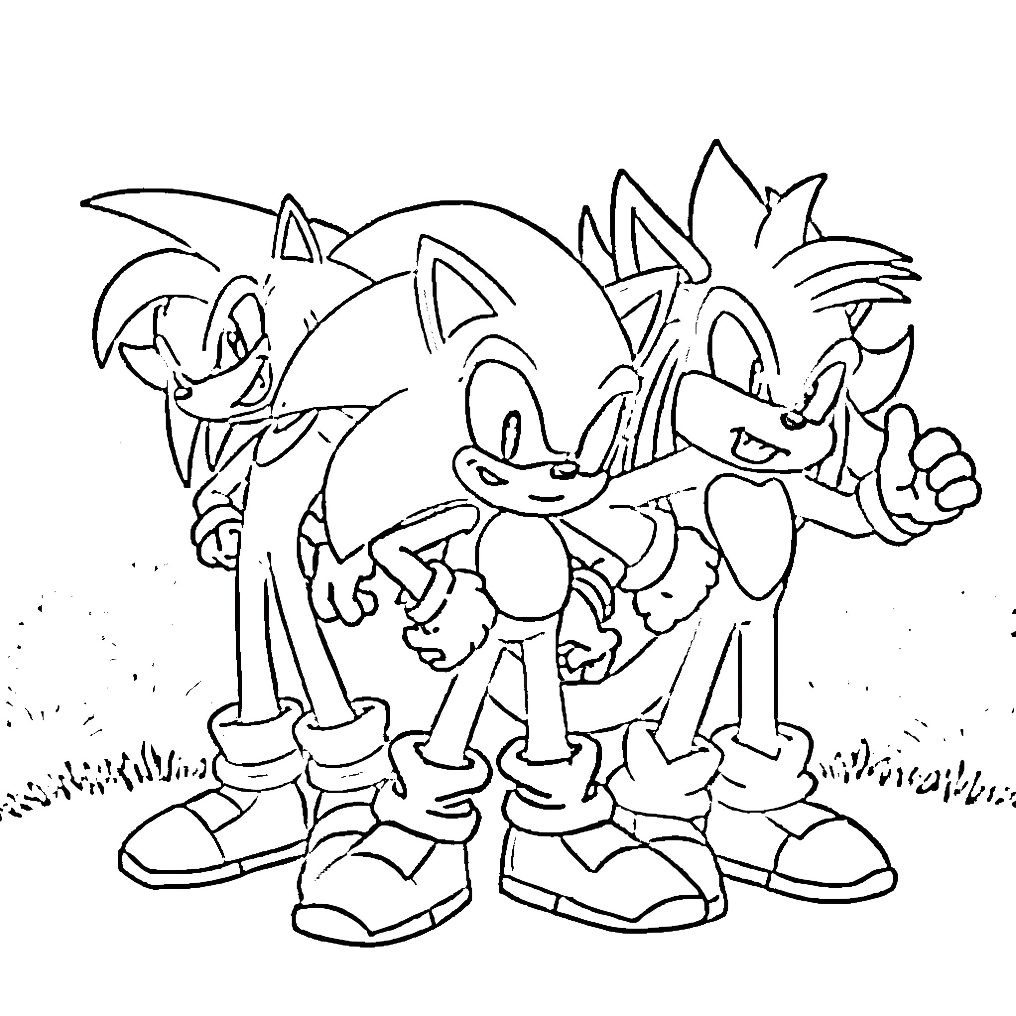 Sonic and friends in lively scene Coloring Page (free black-and-white line drawing printable PDF for all, from beginners to advanced learners, including children, teens, adults, and seniors)