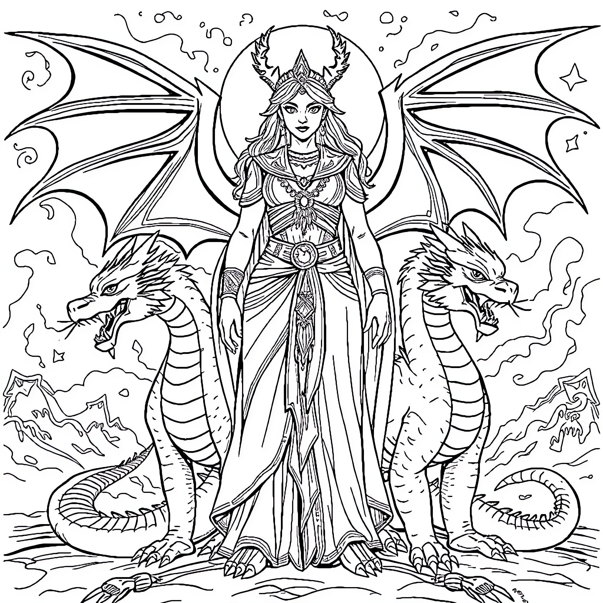 Dragon Queen commanding her serpentine subjects Coloring Page (free black-and-white line drawing printable PDF for all, from beginners to advanced learners, including children, teens, adults, and seniors)