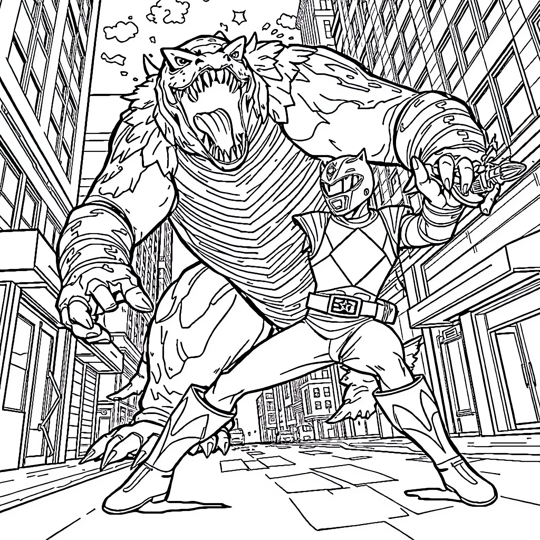 Power Ranger Battling Fierce Monster in City Coloring Page (free black-and-white line drawing printable PDF for all, from beginners to advanced learners, including children, teens, adults, and seniors)