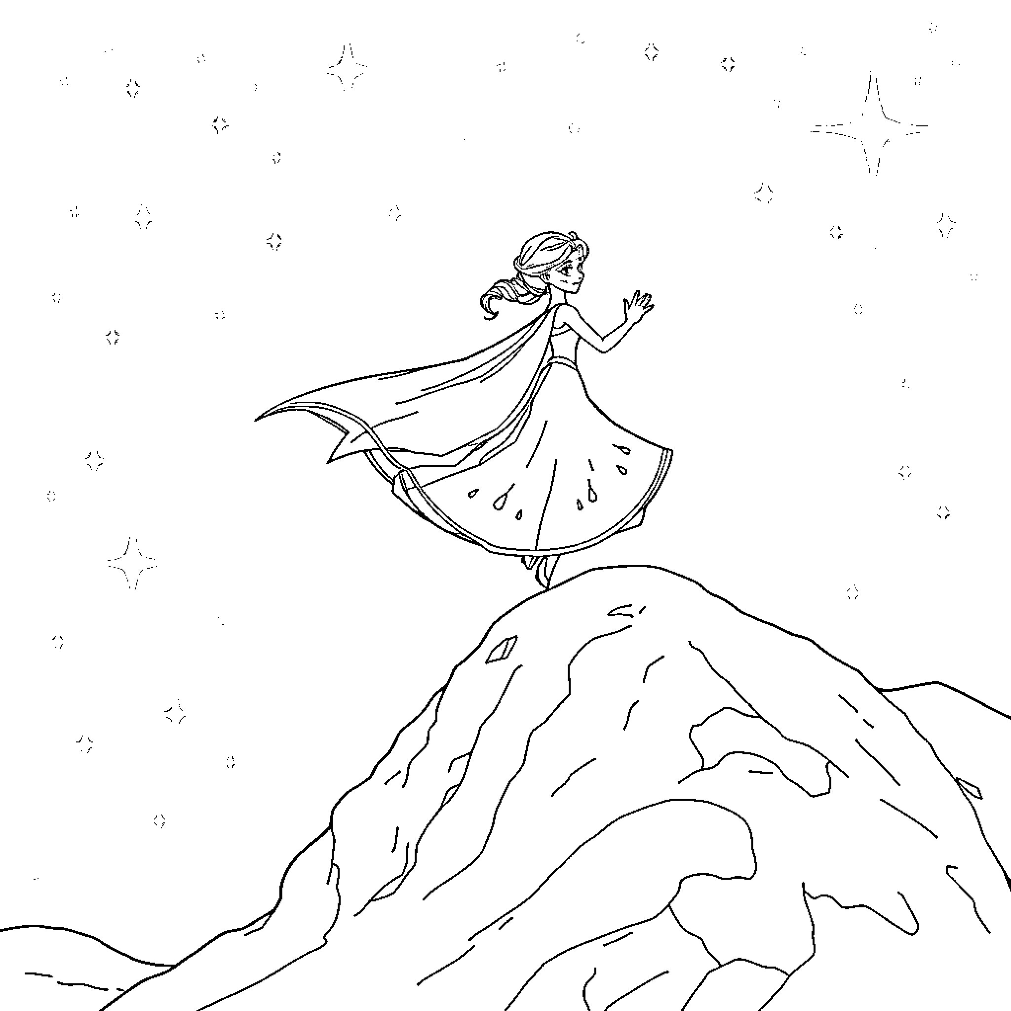 Elsa's Enchanted Wintry Adventure Coloring Page (free black-and-white line drawing printable PDF for all, from beginners to advanced learners, including children, teens, adults, and seniors)