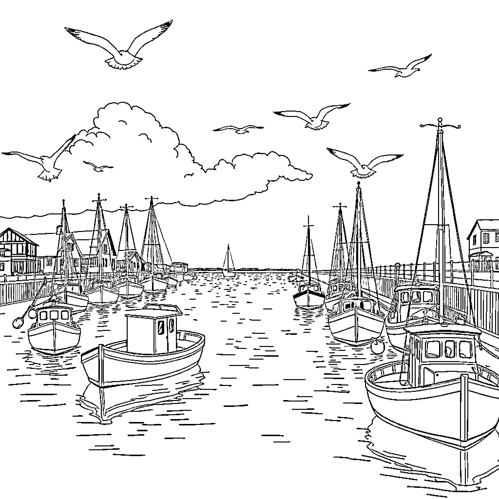 Harlingen: Boats, Seagulls, and Coastal Architecture Coloring Page (free black-and-white line drawing printable PDF for all, from beginners to advanced learners, including children, teens, adults, and seniors)