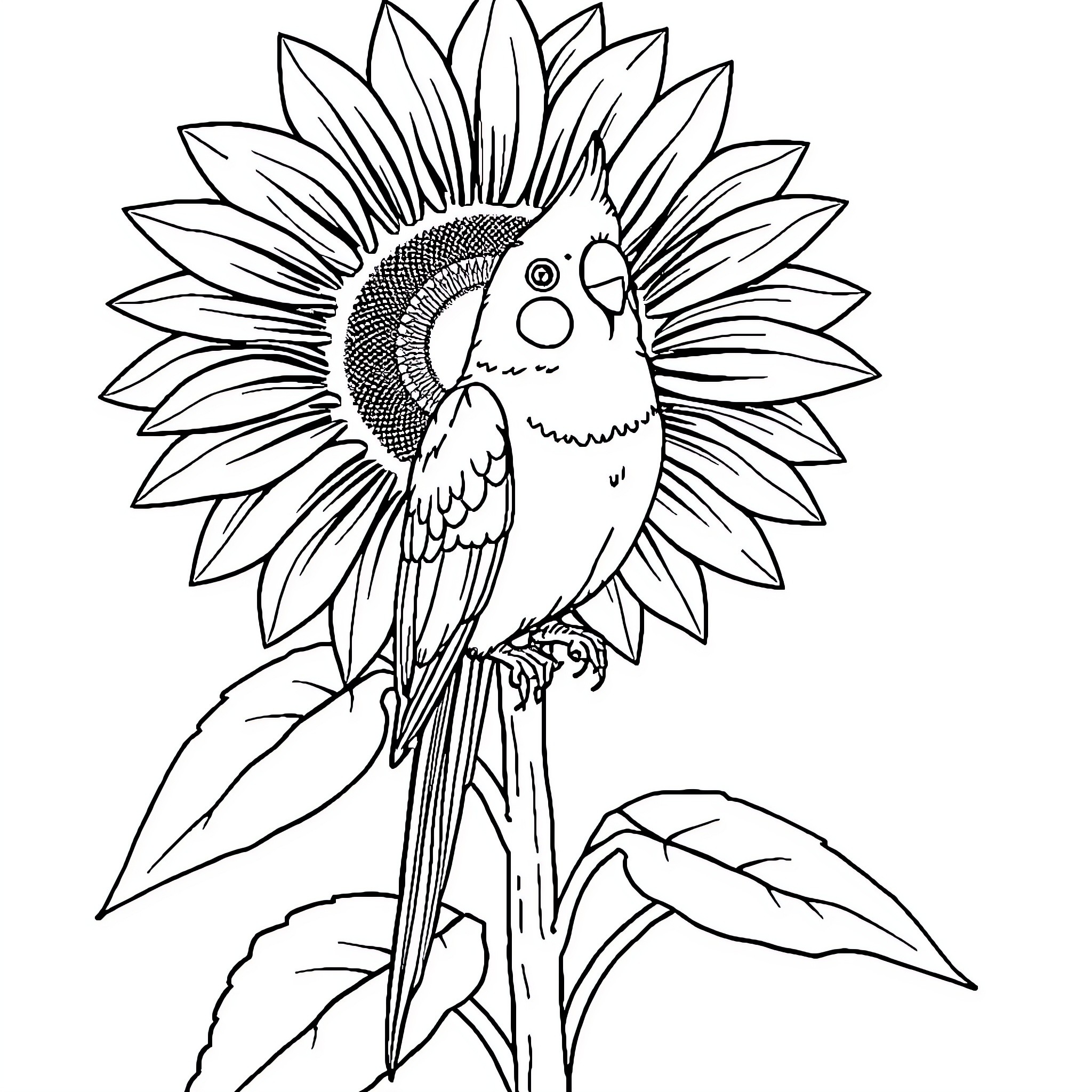 Sunflower and Parrot in Nature Coloring Page (free black-and-white line drawing printable PDF for all, from beginners to advanced learners, including children, teens, adults, and seniors)