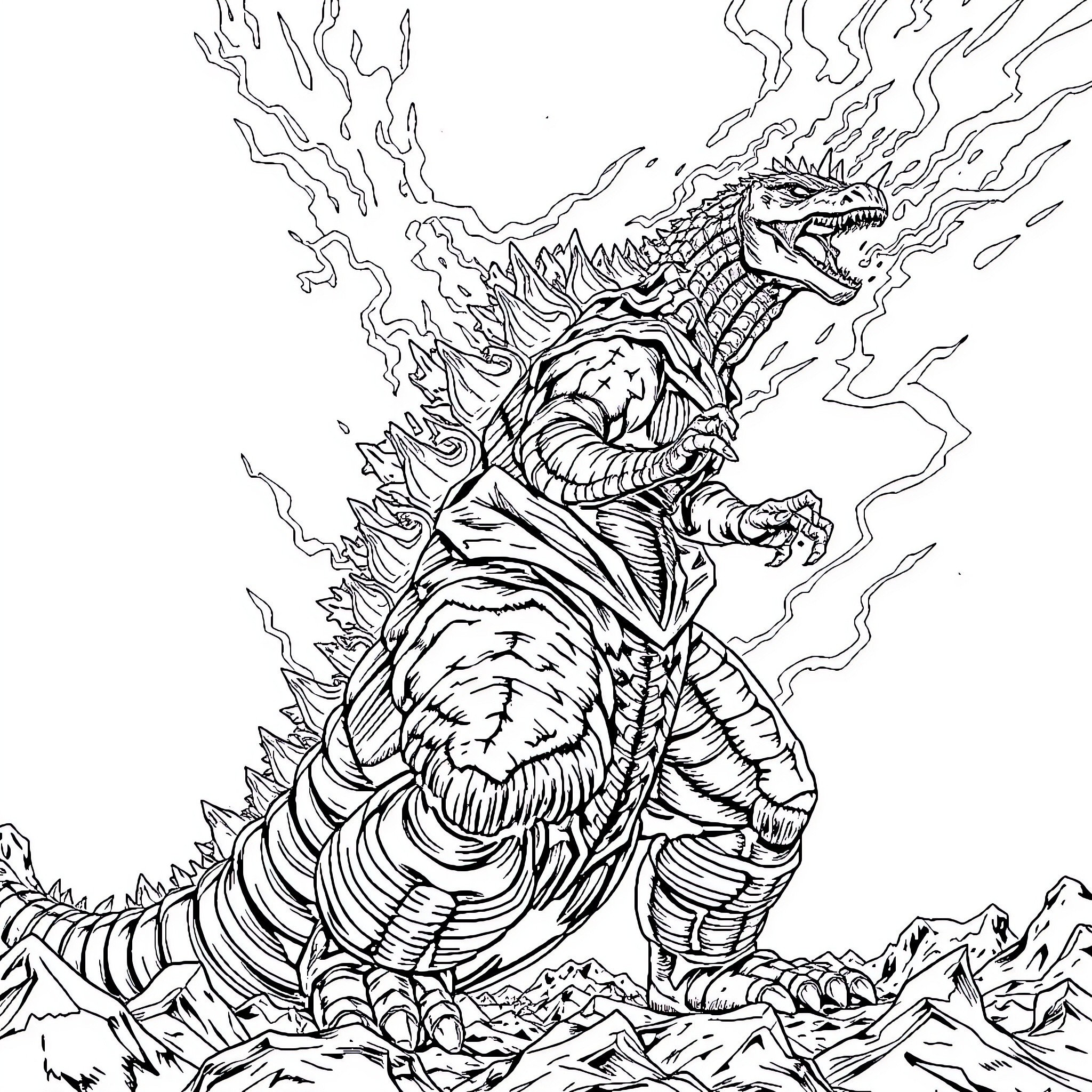 Godzilla Unleashing Destructive Might Coloring Page (free black-and-white line drawing printable PDF for all, from beginners to advanced learners, including children, teens, adults, and seniors)