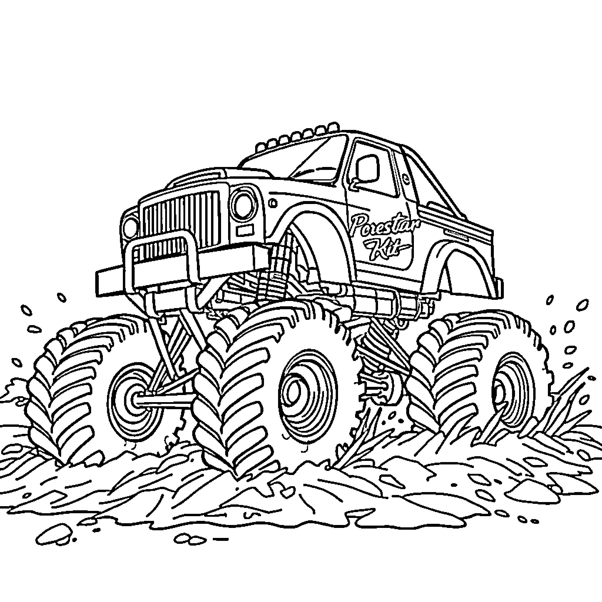 Monster Truck Crushing Obstacles on Rough Terrain Coloring Page (free black-and-white line drawing printable PDF for all, from beginners to advanced learners, including children, teens, adults, and seniors)
