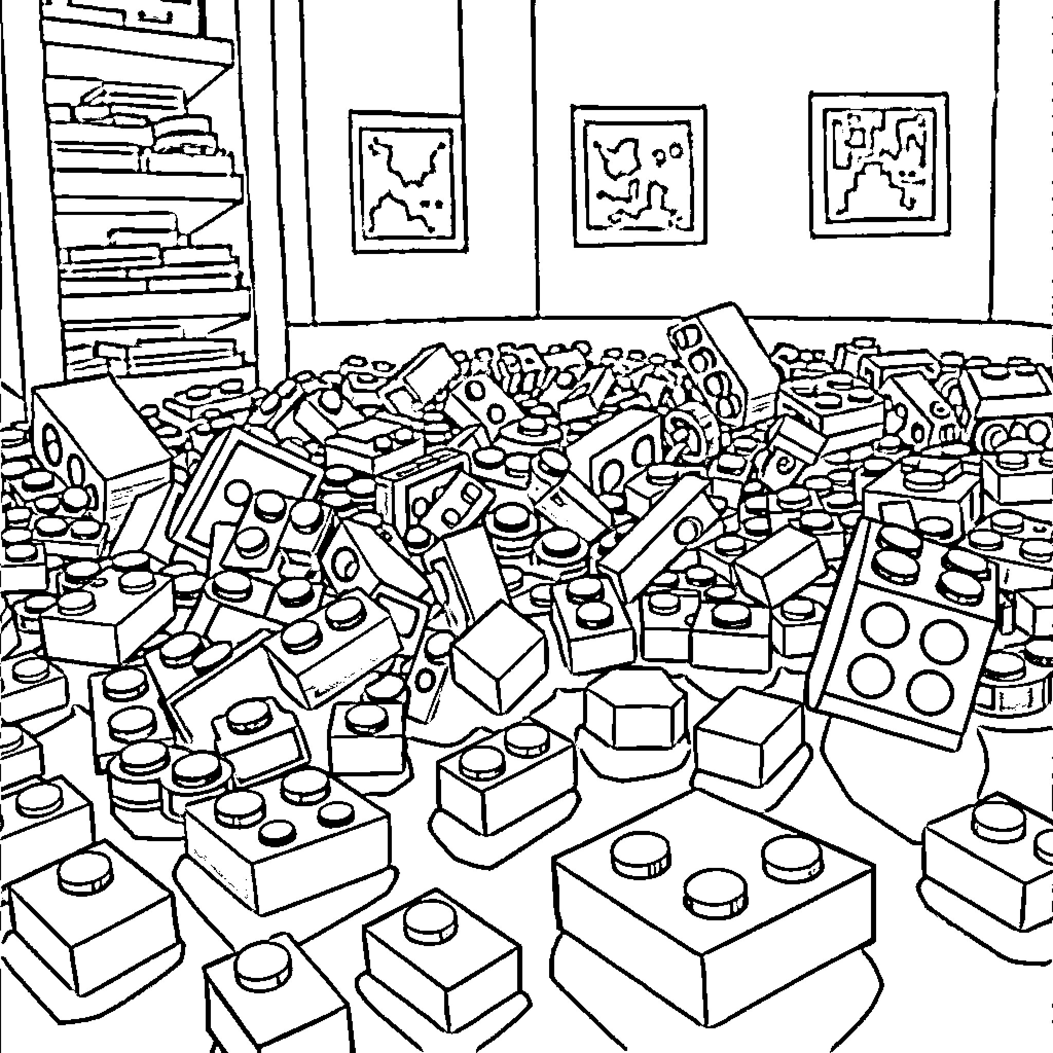 Keno: Messy Lego Toy Room with Scattered Bricks Coloring Page (free black-and-white line drawing printable PDF for all, from beginners to advanced learners, including children, teens, adults, and seniors)