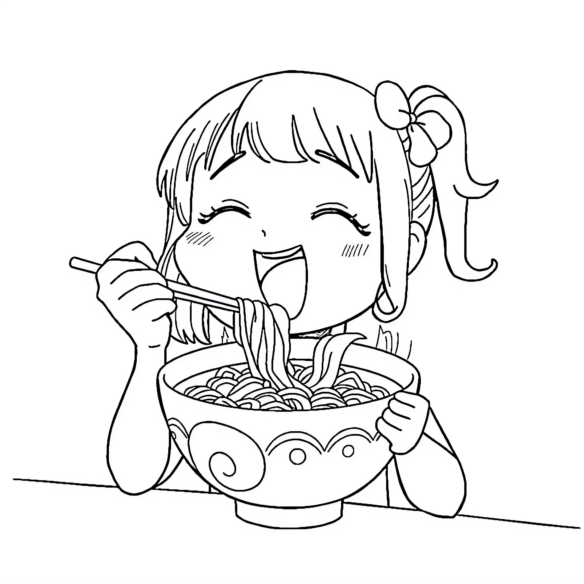 Mira Enjoys a Bowl of Noodles Coloring Page (free black-and-white line drawing printable PDF for all, from beginners to advanced learners, including children, teens, adults, and seniors)