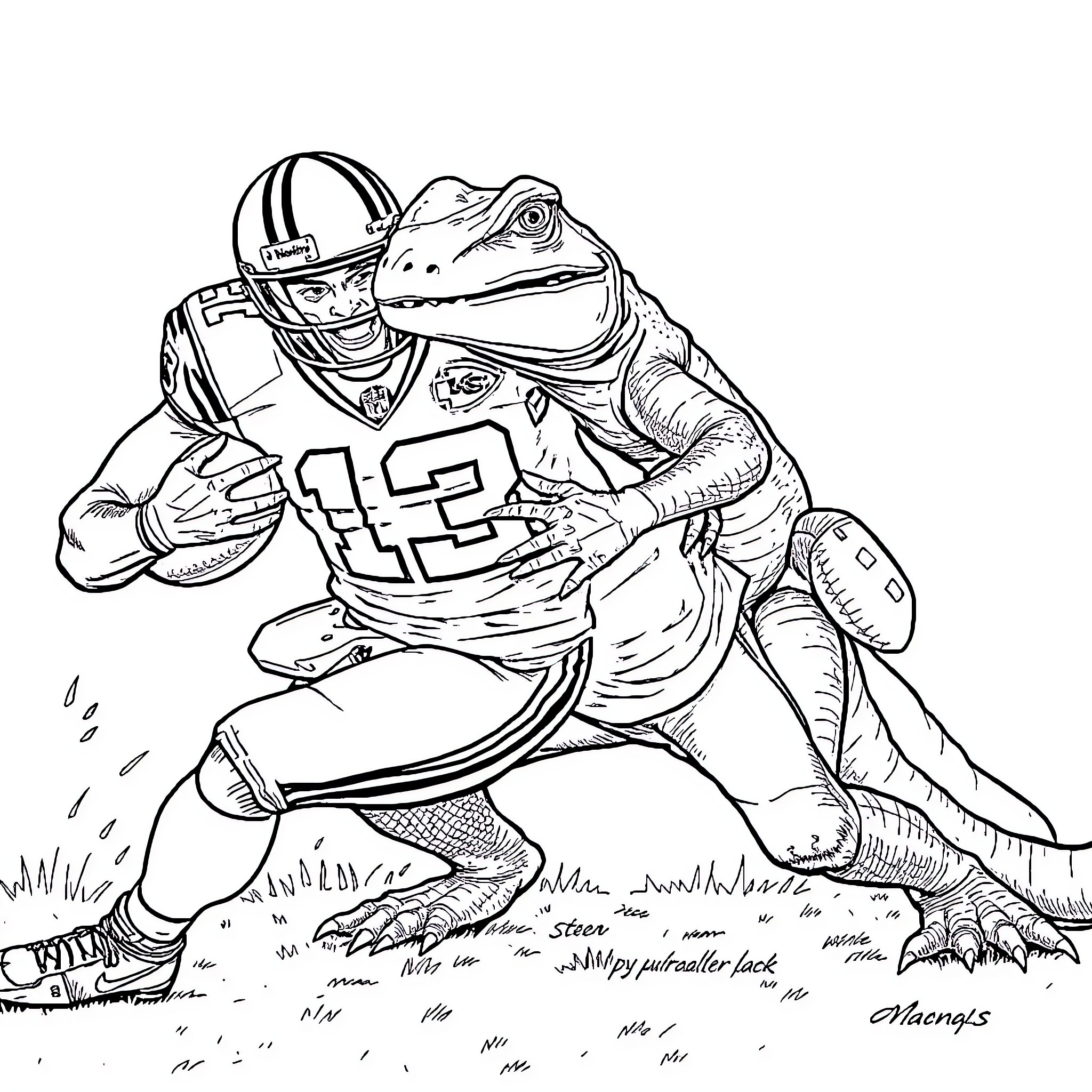 Cam Newton as an animated football player Coloring Page (free black-and-white line drawing printable PDF for all, from beginners to advanced learners, including children, teens, adults, and seniors)