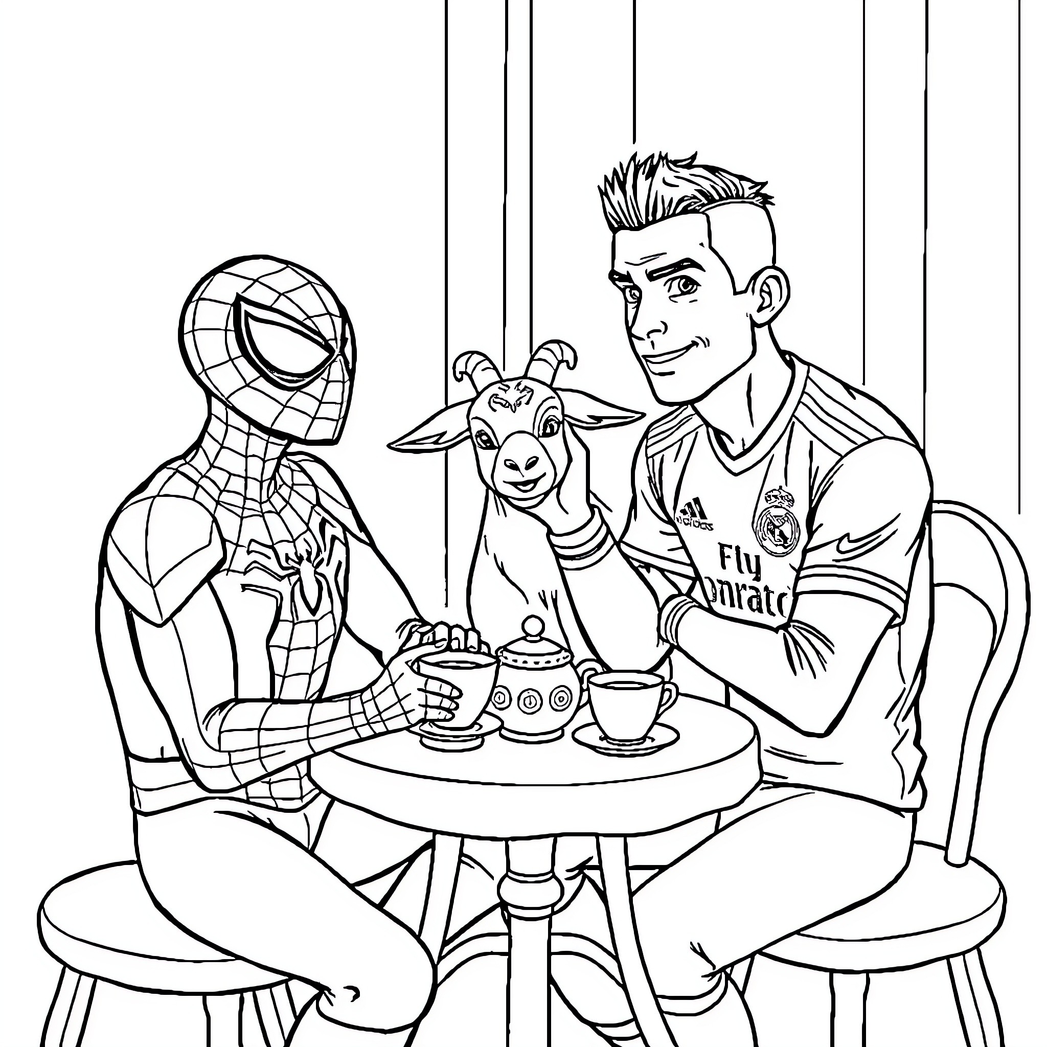 Spiderman and footballer sharing a cup of tea Coloring Page (free black-and-white line drawing printable PDF for all, from beginners to advanced learners, including children, teens, adults, and seniors)