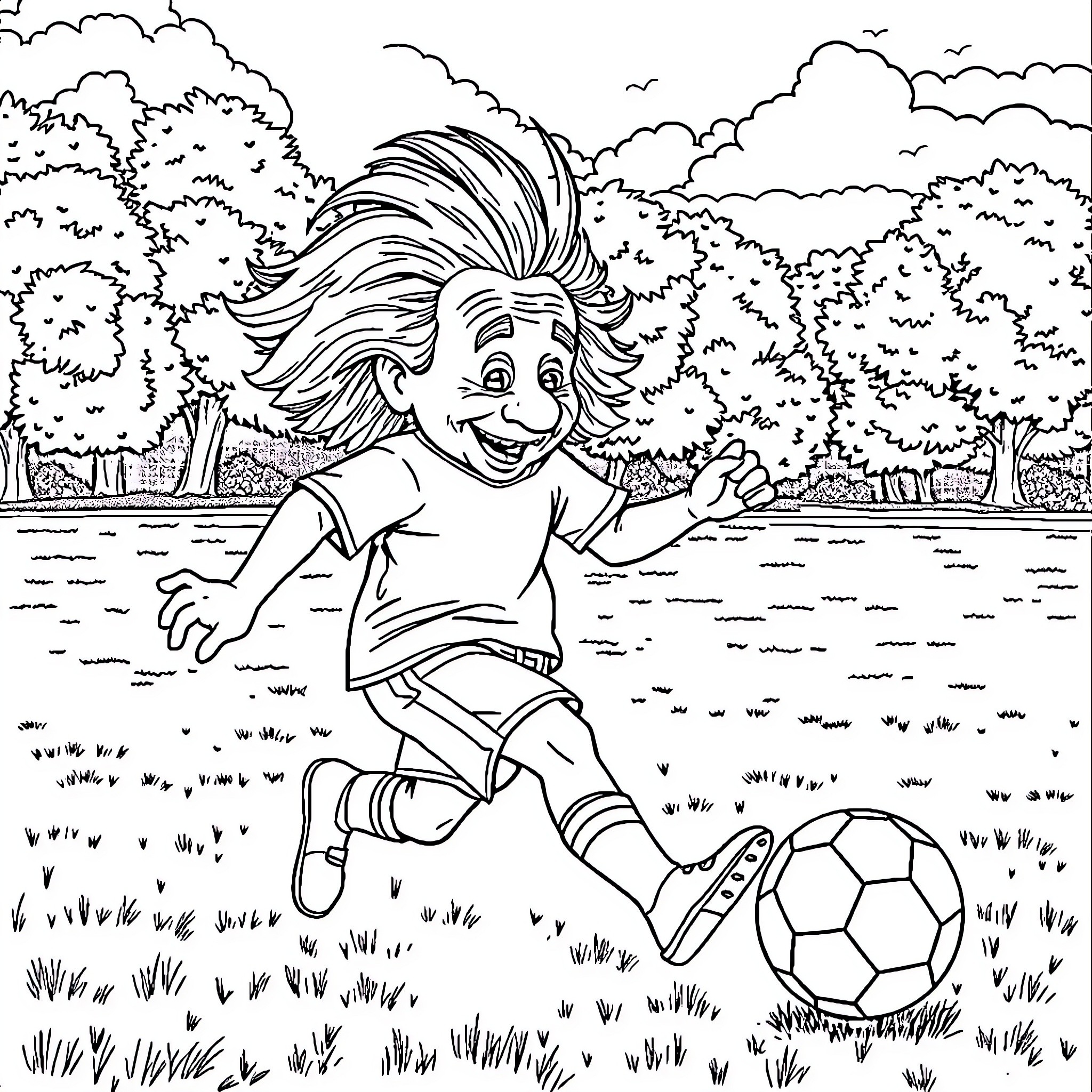 Einstein playing joyfully with soccer ball in park Coloring Page (free black-and-white line drawing printable PDF for all, from beginners to advanced learners, including children, teens, adults, and seniors)