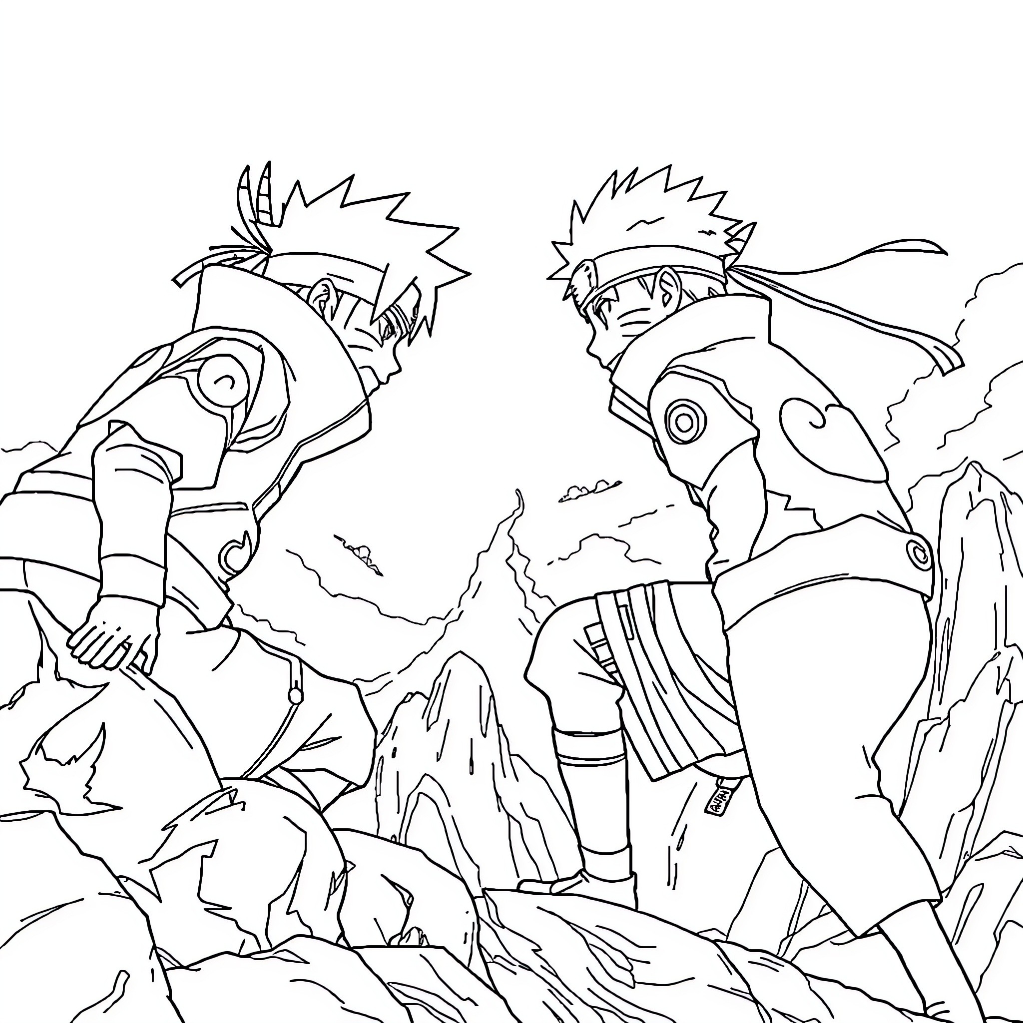 Naruto Ninjas in Action-Packed Scene Coloring Page (free black-and-white line drawing printable PDF for all, from beginners to advanced learners, including children, teens, adults, and seniors)