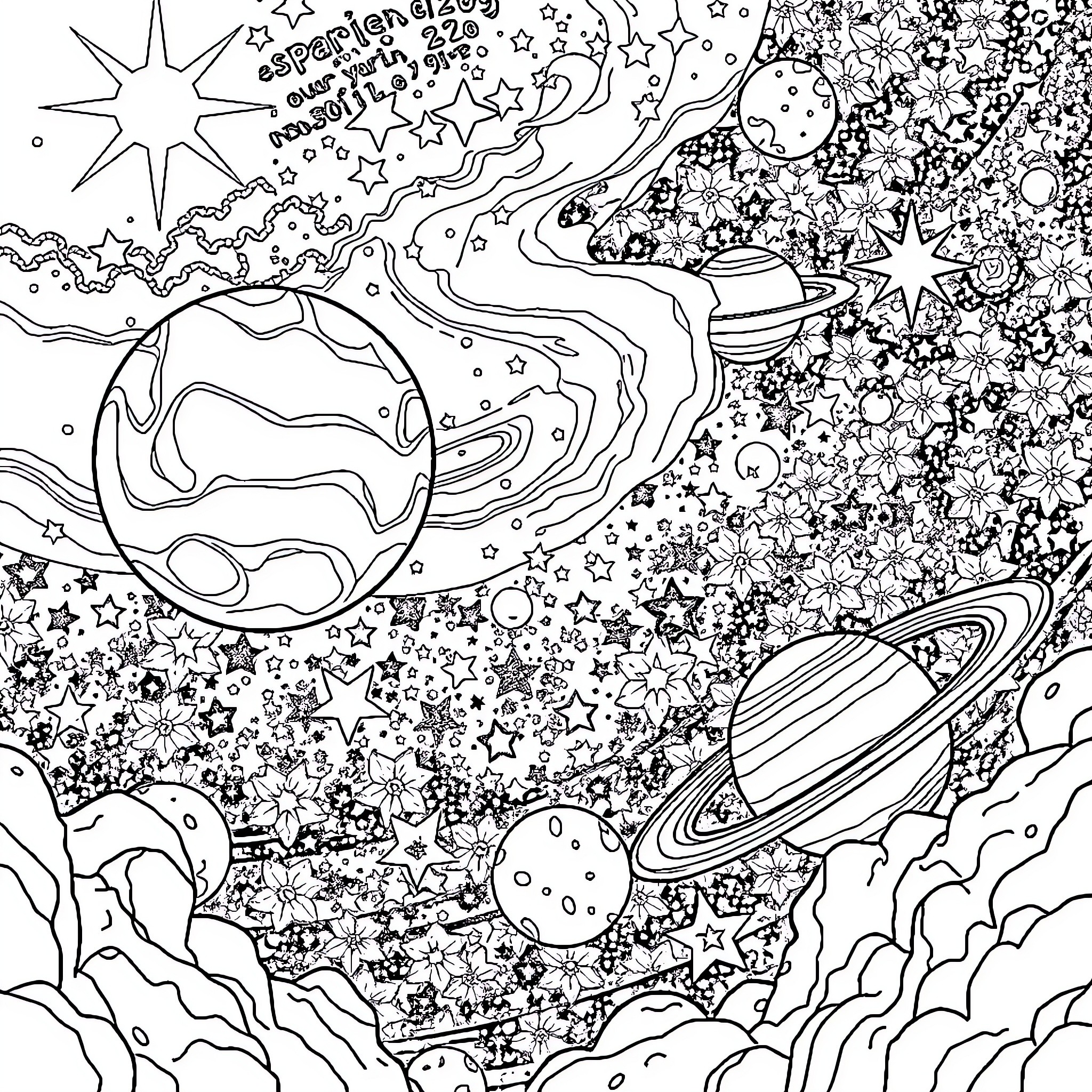 Space Scenes with Planets, Stars, and Cosmic Wonders Coloring Page (free black-and-white line drawing printable PDF for all, from beginners to advanced learners, including children, teens, adults, and seniors)