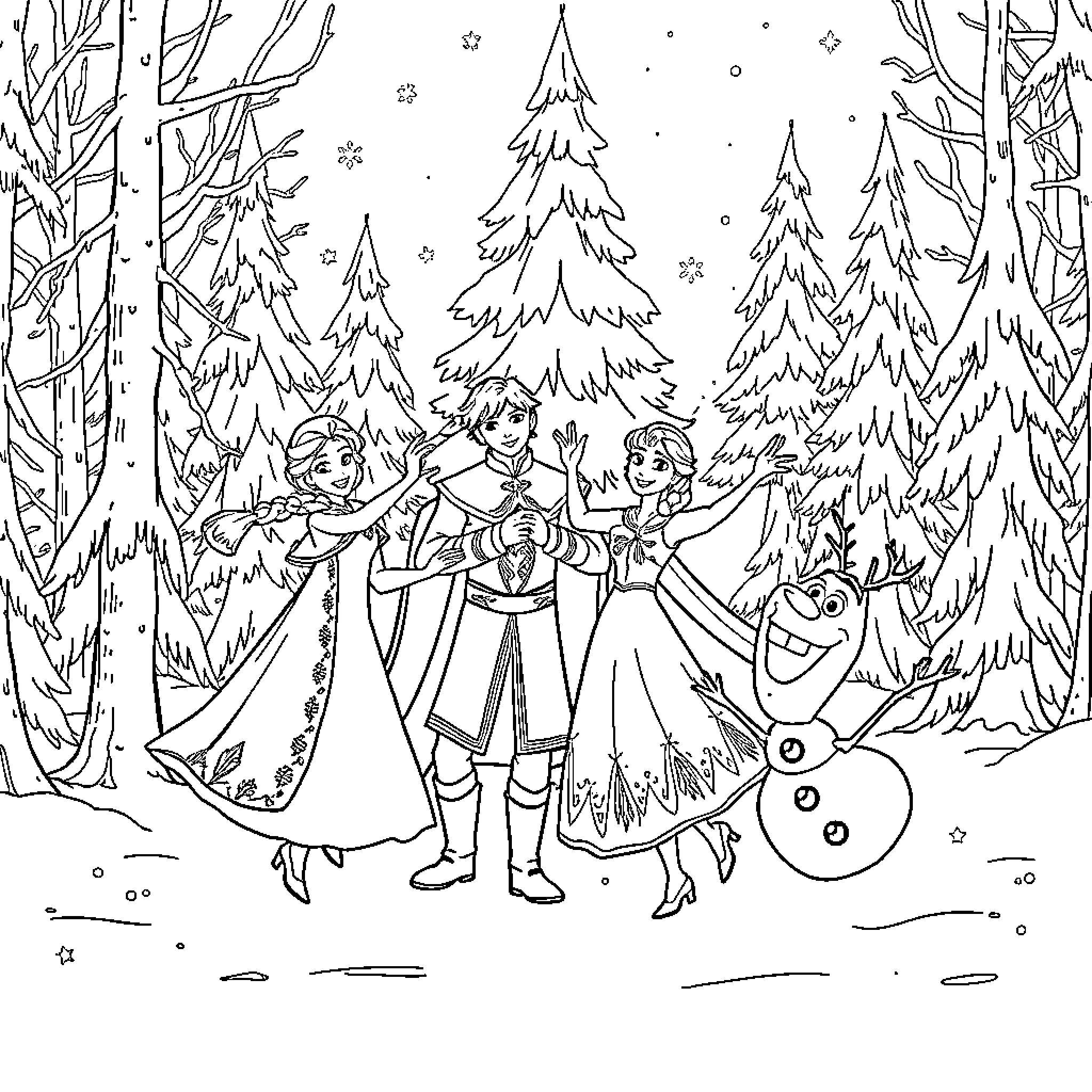 Frozen Characters Enjoying Wintry Wonderland Coloring Page (free black-and-white line drawing printable PDF for all, from beginners to advanced learners, including children, teens, adults, and seniors)