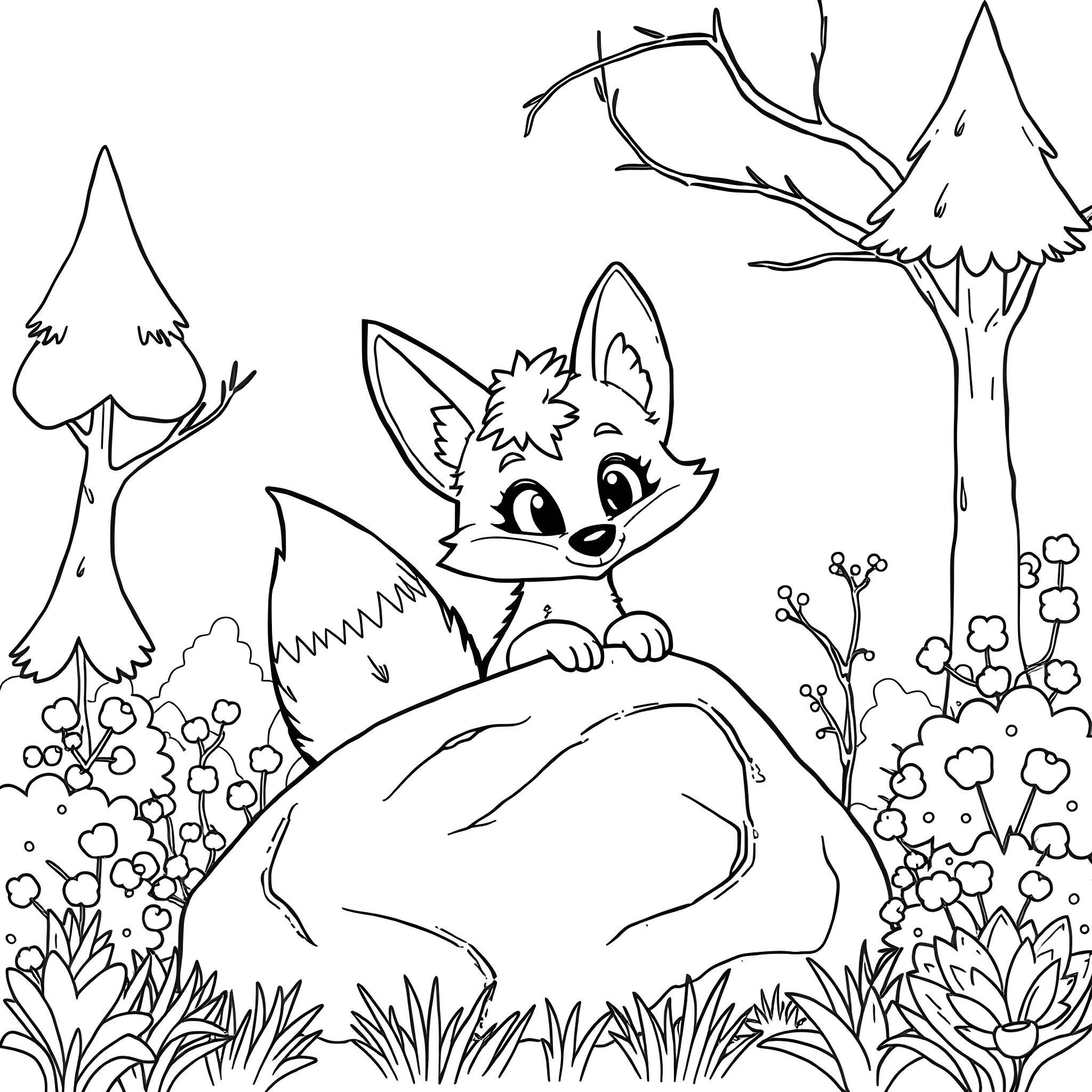 Fox Peeking Playfully in Lush Forest Coloring Page (free black-and-white line drawing printable PDF for all, from beginners to advanced learners, including children, teens, adults, and seniors)