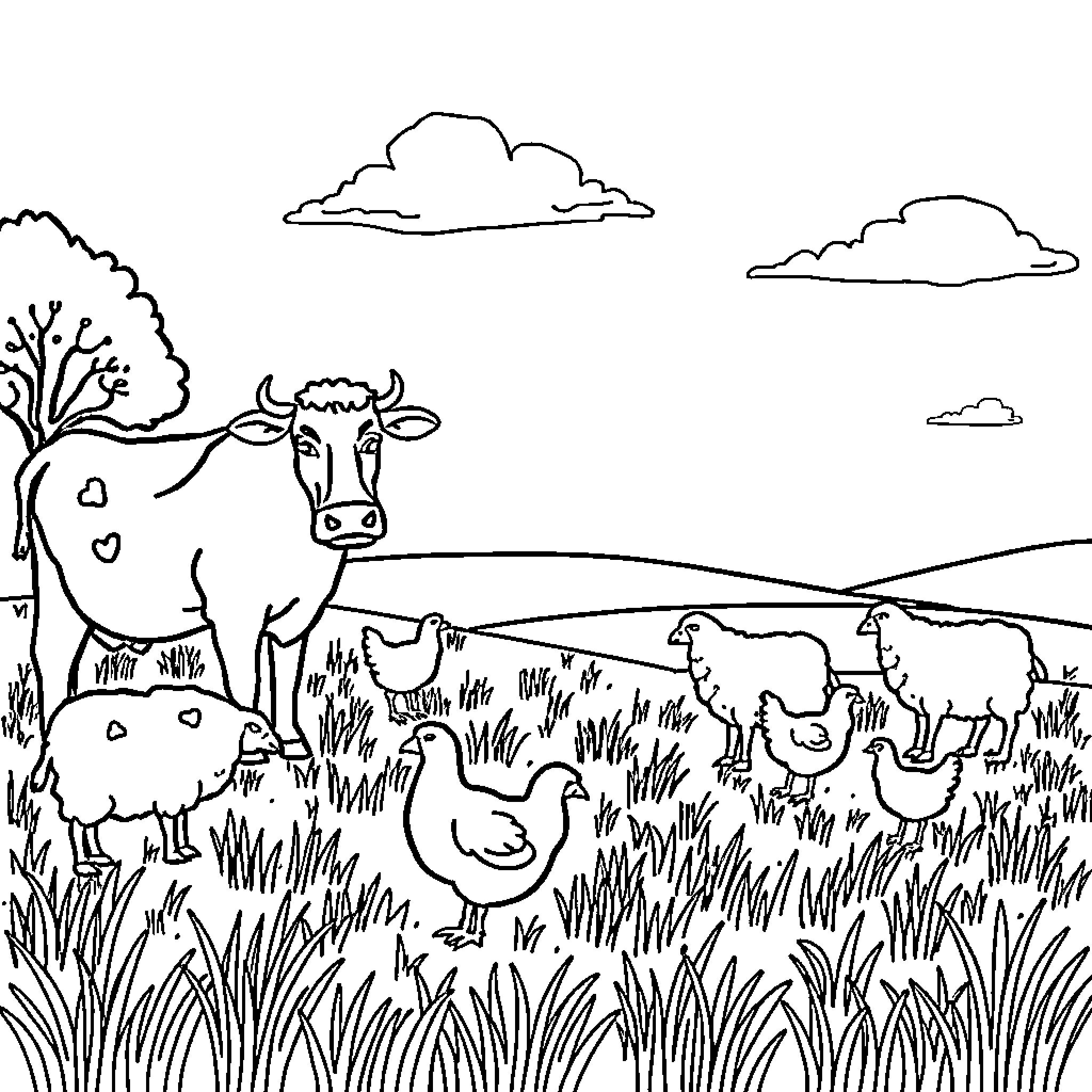 Animal farm scene with various livestock Coloring Page (free black-and-white line drawing printable PDF for all, from beginners to advanced learners, including children, teens, adults, and seniors)
