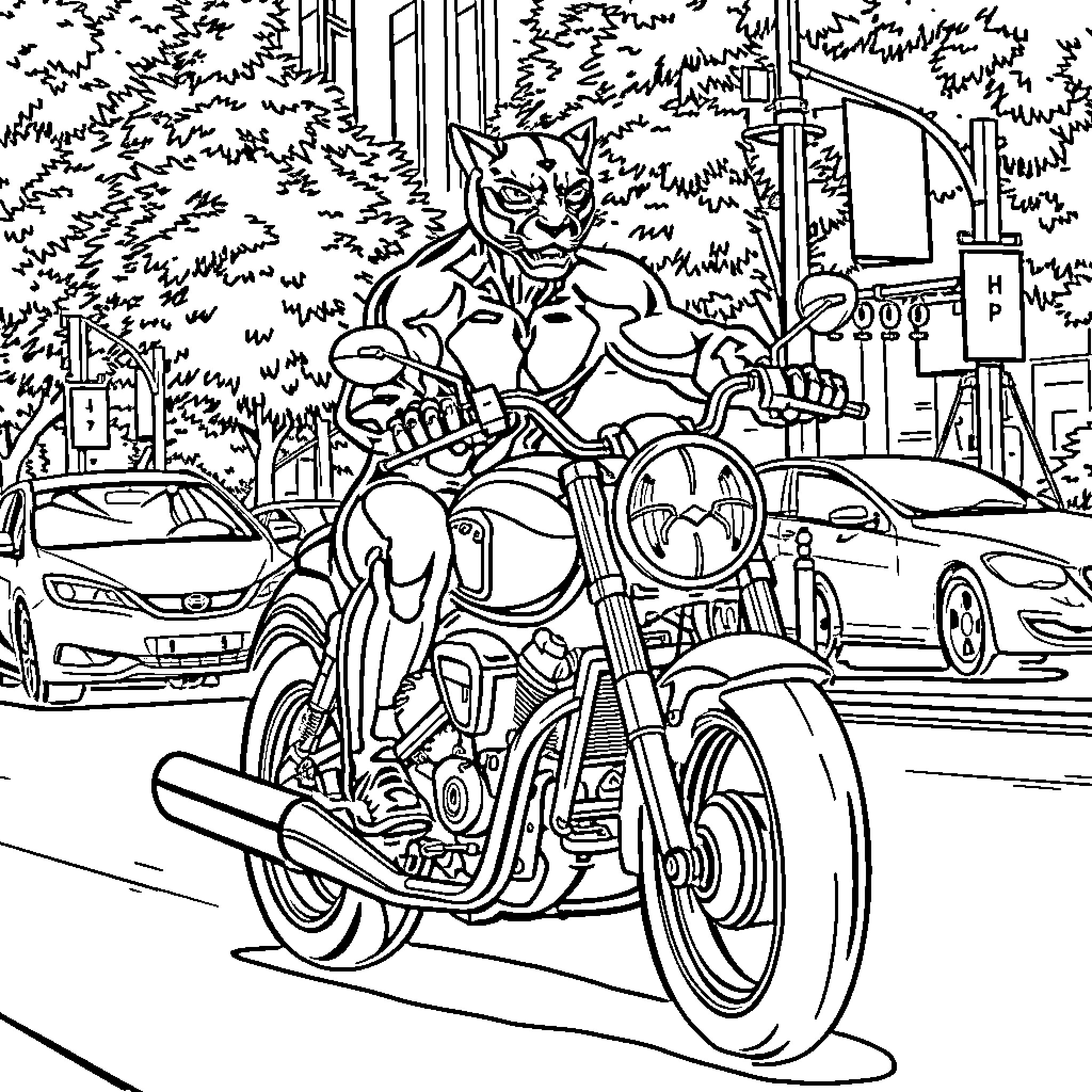 Panther riding a powerful motorcycle through the city Coloring Page (free black-and-white line drawing printable PDF for all, from beginners to advanced learners, including children, teens, adults, and seniors)