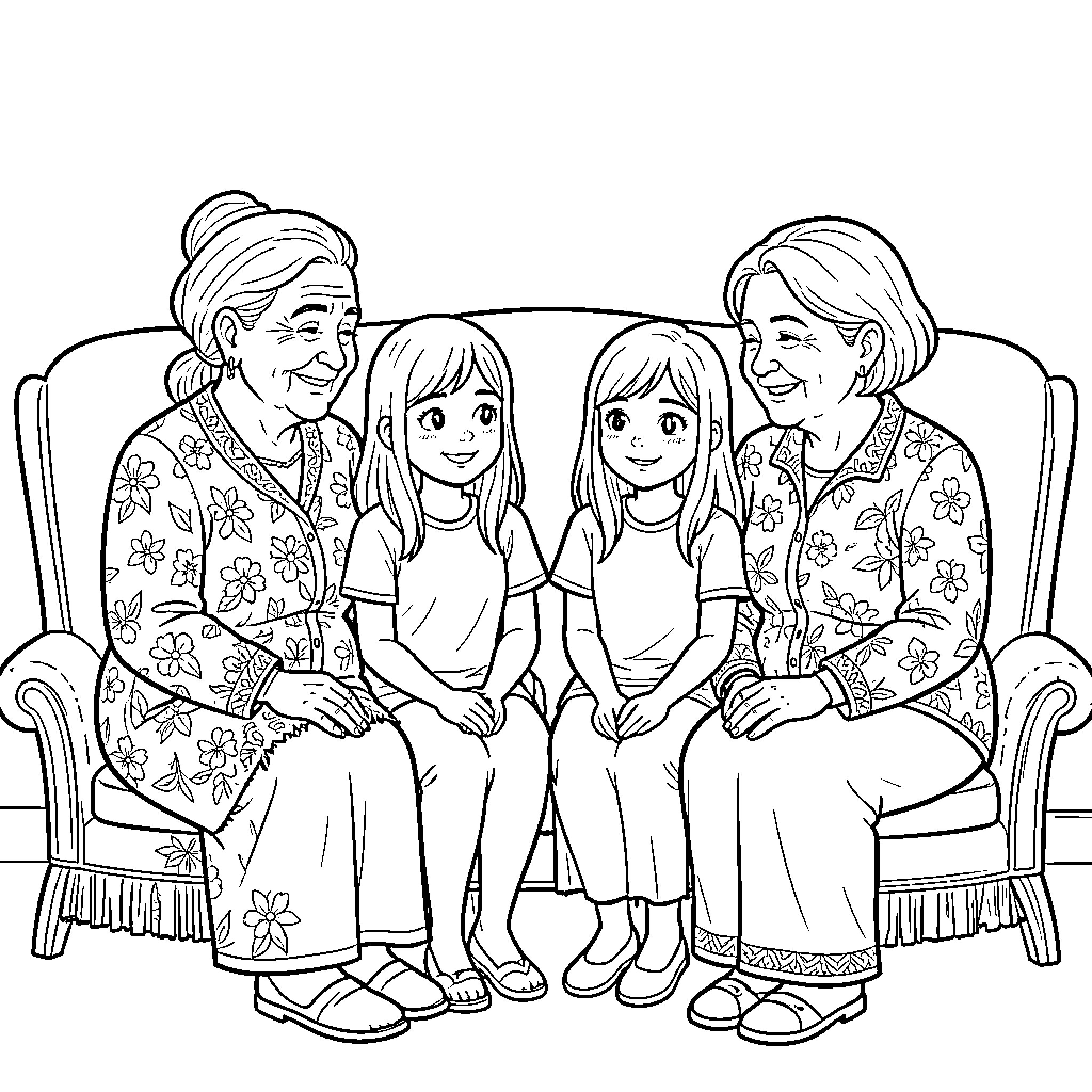 Grandmother sitting on a sofa with two young girls Coloring Page (free black-and-white line drawing printable PDF for all, from beginners to advanced learners, including children, teens, adults, and seniors)