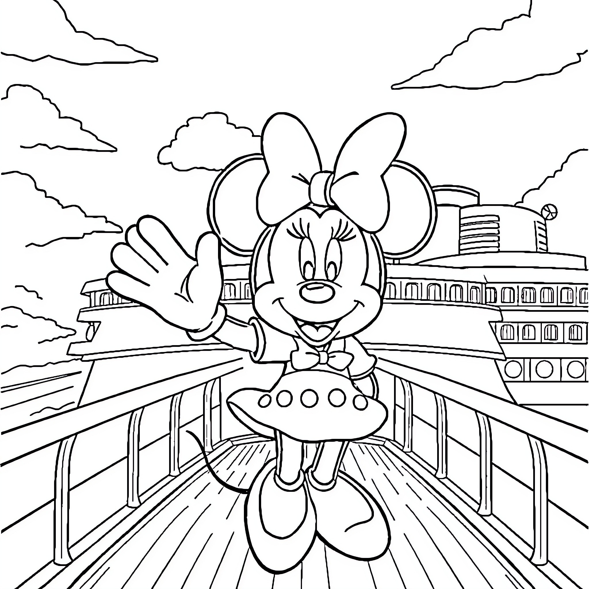 Minnie Mouse waving happily on a cruise ship Coloring Page (free black-and-white line drawing printable PDF for all, from beginners to advanced learners, including children, teens, adults, and seniors)