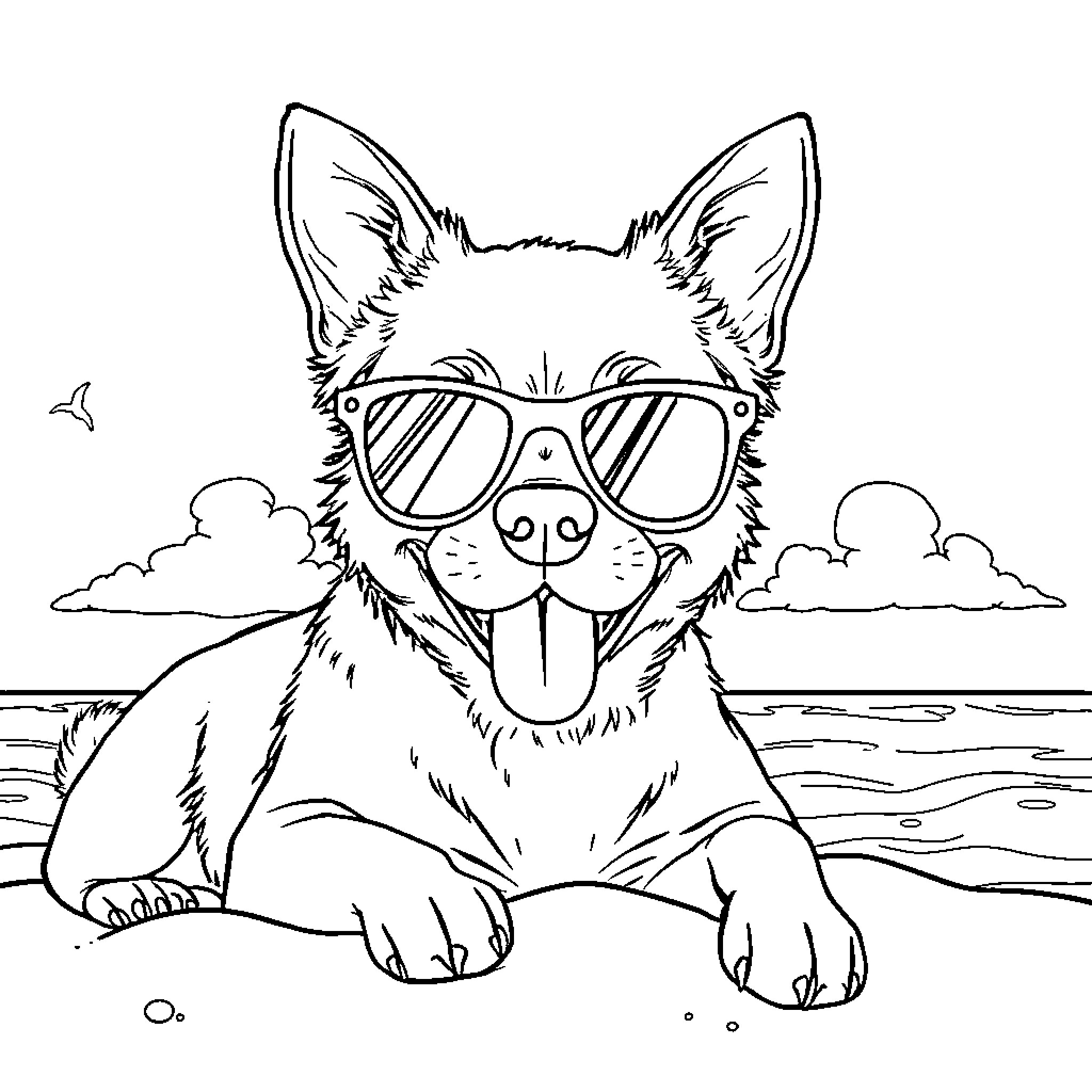Dog relaxing on the beach in sunglasses Coloring Page (free black-and-white line drawing printable PDF for all, from beginners to advanced learners, including children, teens, adults, and seniors)