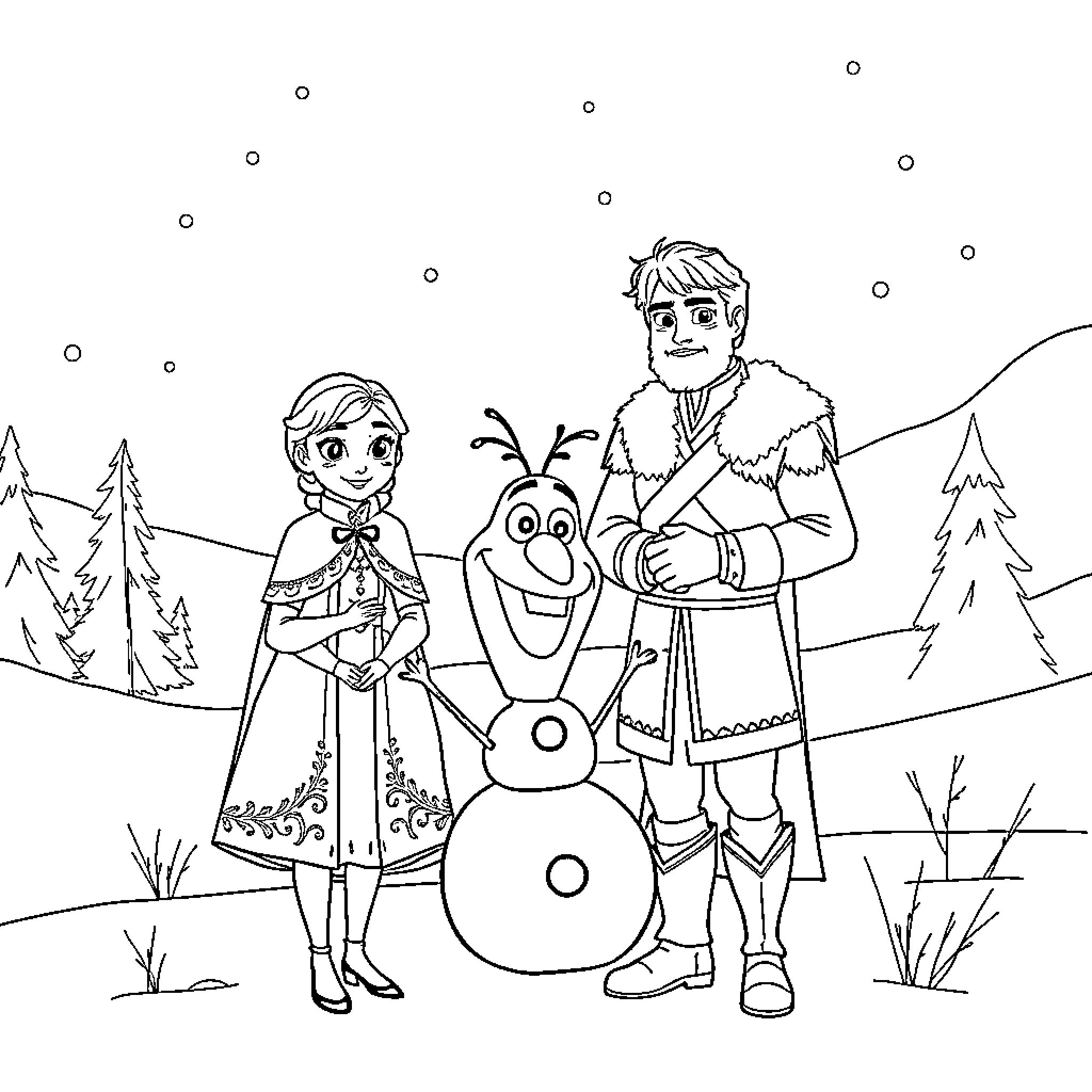 Frozen friends building a snowman in winter wonderland Coloring Page (free black-and-white line drawing printable PDF for all, from beginners to advanced learners, including children, teens, adults, and seniors)